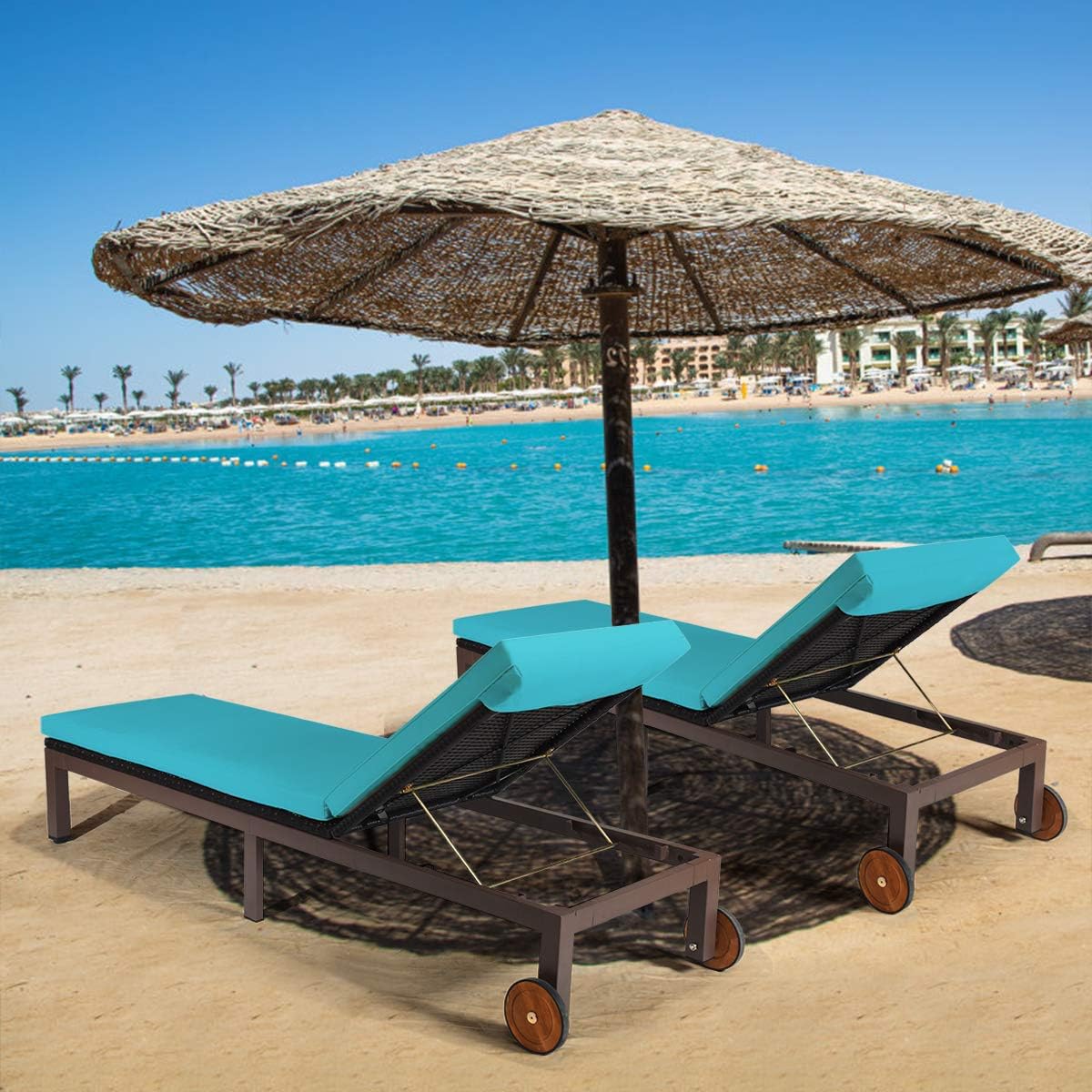 Tangkula Patio Chaise Lounge Chair, Outdoor Rattan Lounger Recliner Chair with Wheels, Wicker Chaise Chair W/Cushioned Seating