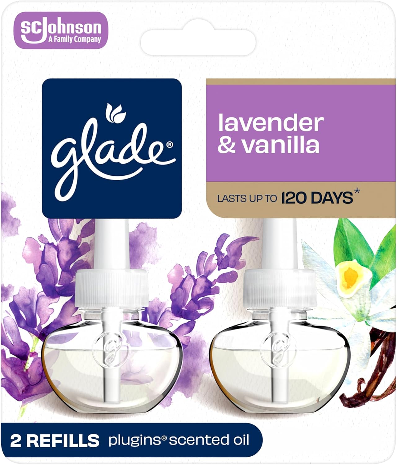 Glade PlugIns Refills Air Freshener, Scented and Essential Oils for Home and Bathroom, Tranquil Lavender & Aloe, 1.34 Fl Oz, 2 Count