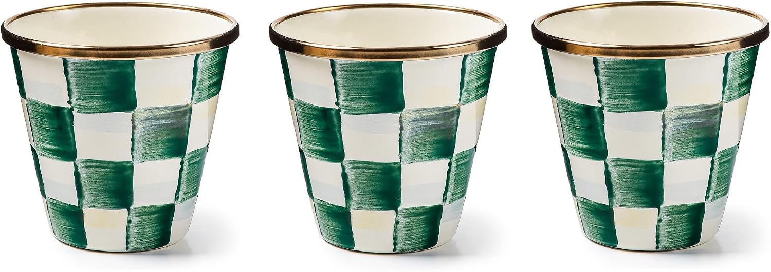MACKENZIE-CHILDS Enamel Herb Pot Set, Small, Black-and-White Courtly Check | Hand-painted design, small plant pots for herbs or flowers, 8-ounce capacity per pot, set of 3
