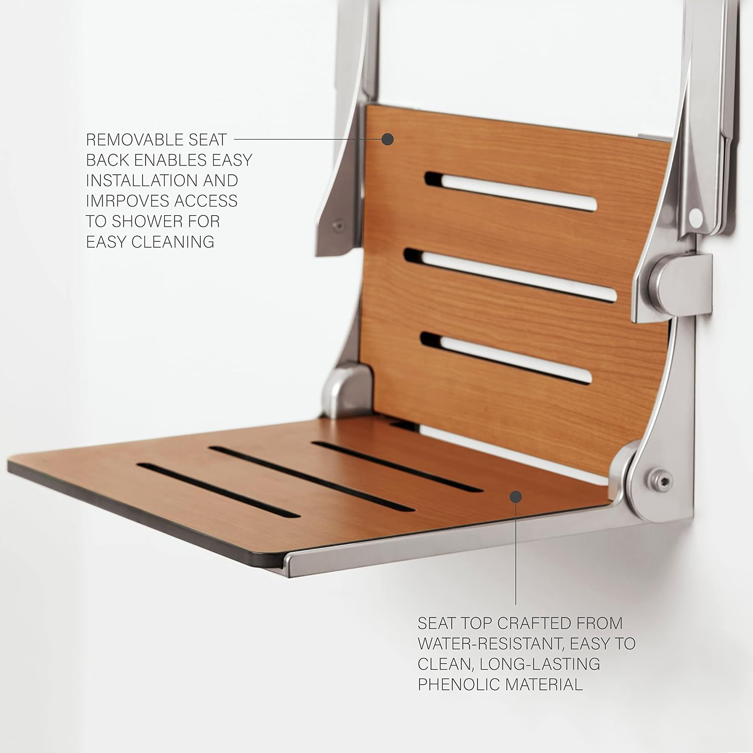 Seachrome Silhouette Comfort Folding Wall Mount Shower Bench Seat with Arms, Teak Seat with Silver Frame