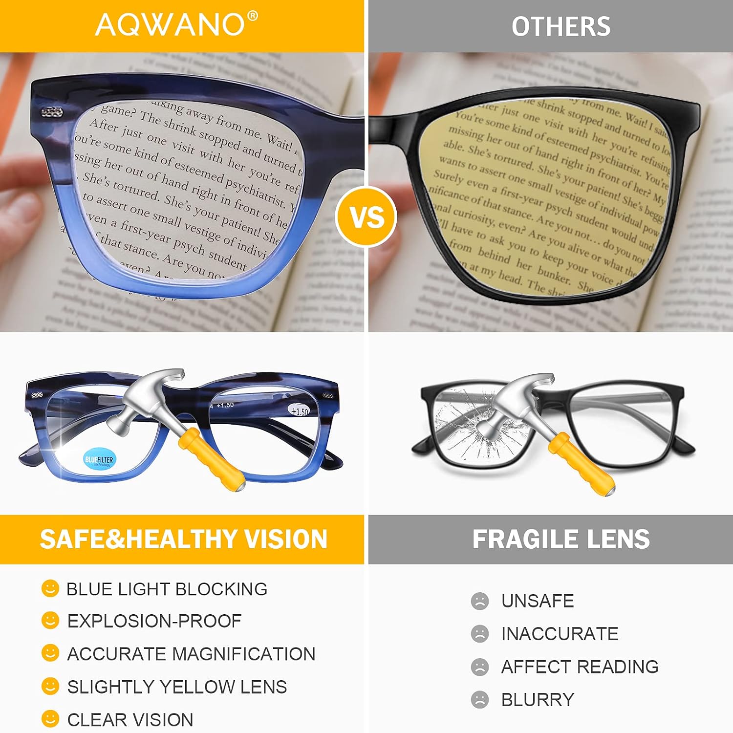 AQWANO Oversized Computer Reading Glasses Blue Light Blocking, 4 Pairs Stylish Fashion Design Anti UV Ray/Eye Strain/Glare Readers Men Women, 1.5