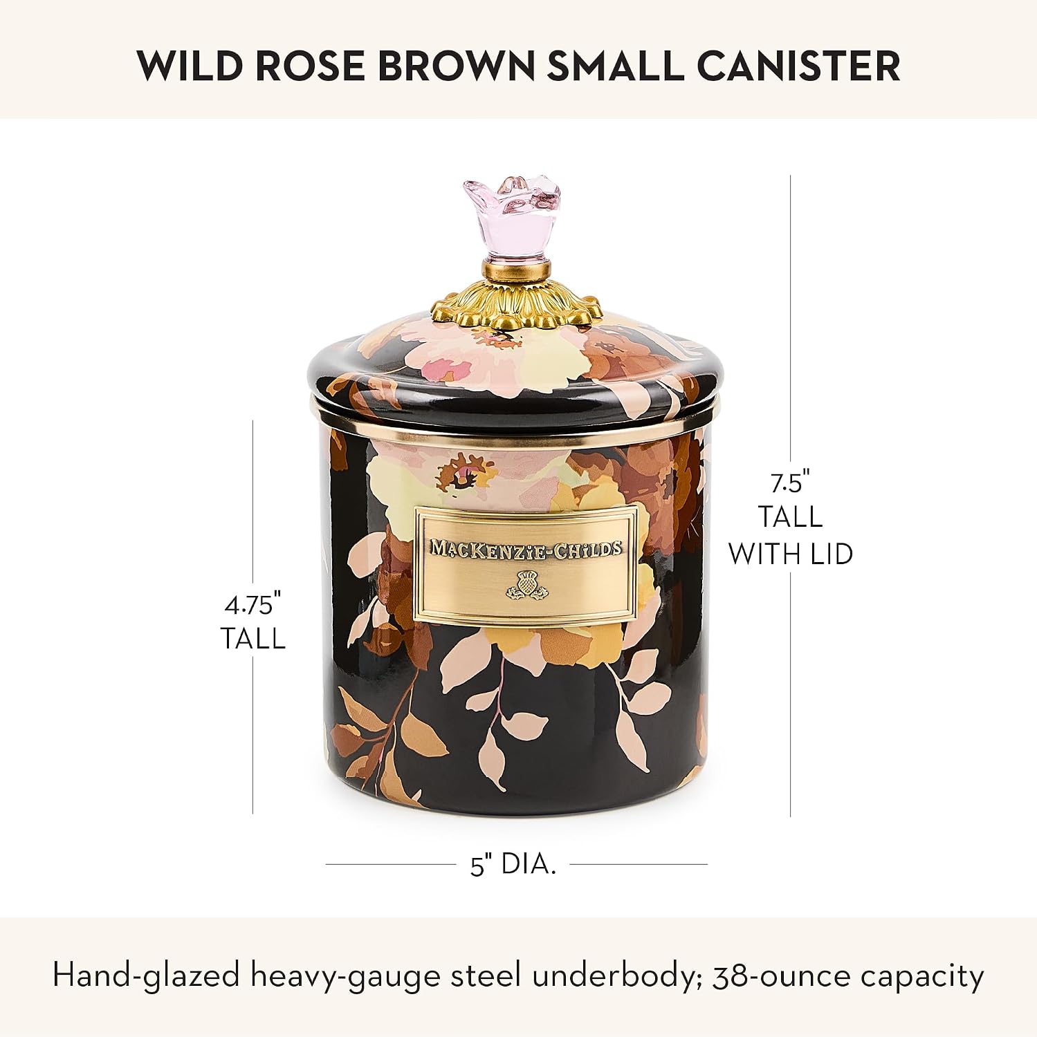 MACKENZIE-CHILDS Enamel Canister, Small, Wild Rose Brown | Hand-applied design, made from enameled steel, versatile kitchen storage container for flour and sugar, 38-ounce capacity