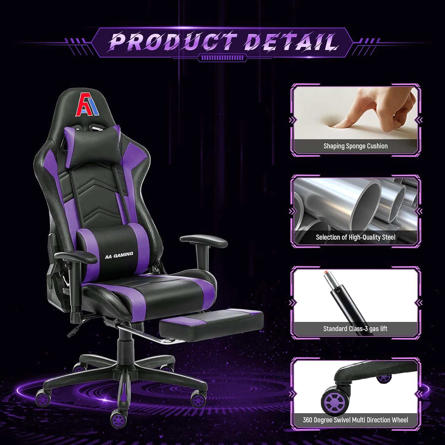 AA Products Gaming Chair Ergonomic High Back Computer Racing Chair Adjustable Office Chair with Footrest, Lumbar Support Swivel Chair - Black