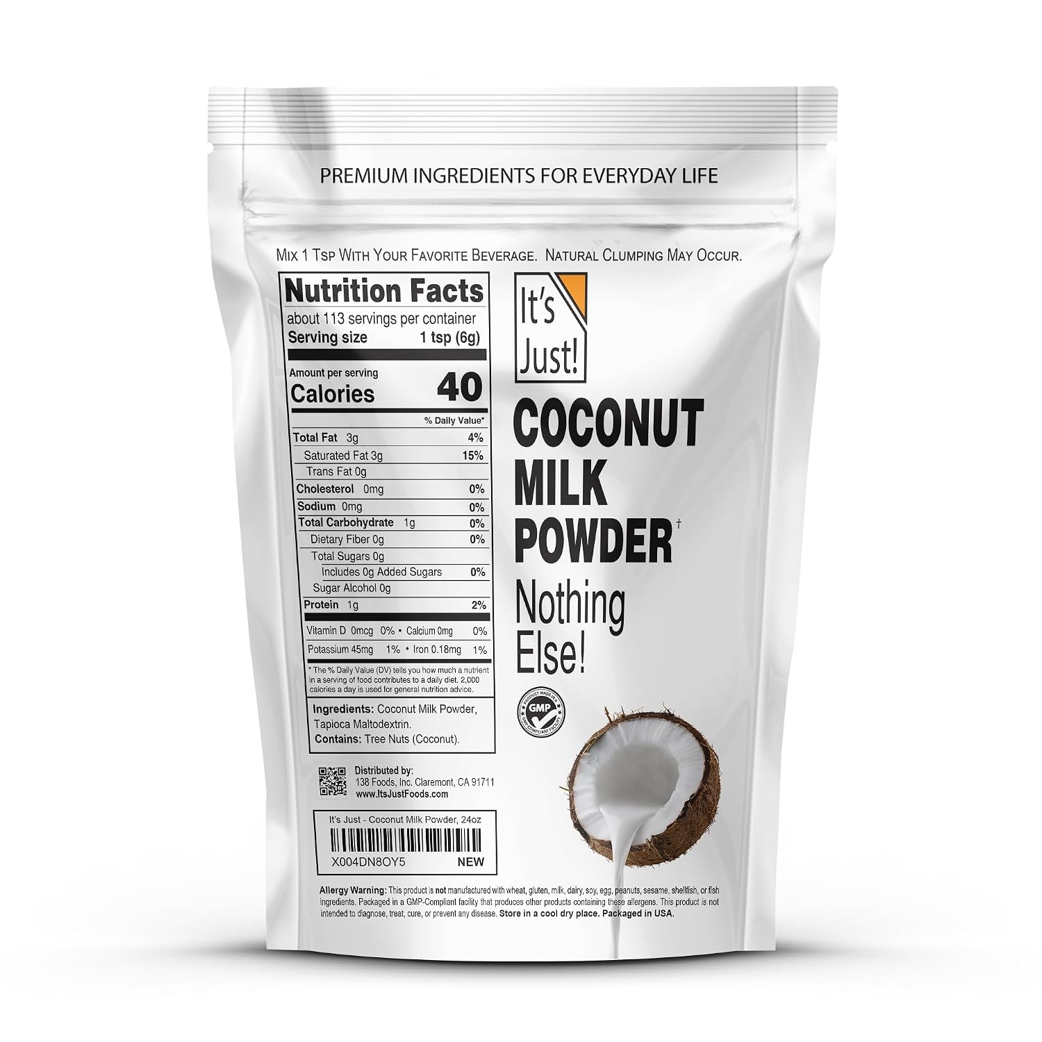 It's Just - Whole Milk Powder, 2lbs, rBST/rBGH Hormone Free, Shelf Stable, Just Add Water, Made in USA, Dry Milk Powder, 32oz