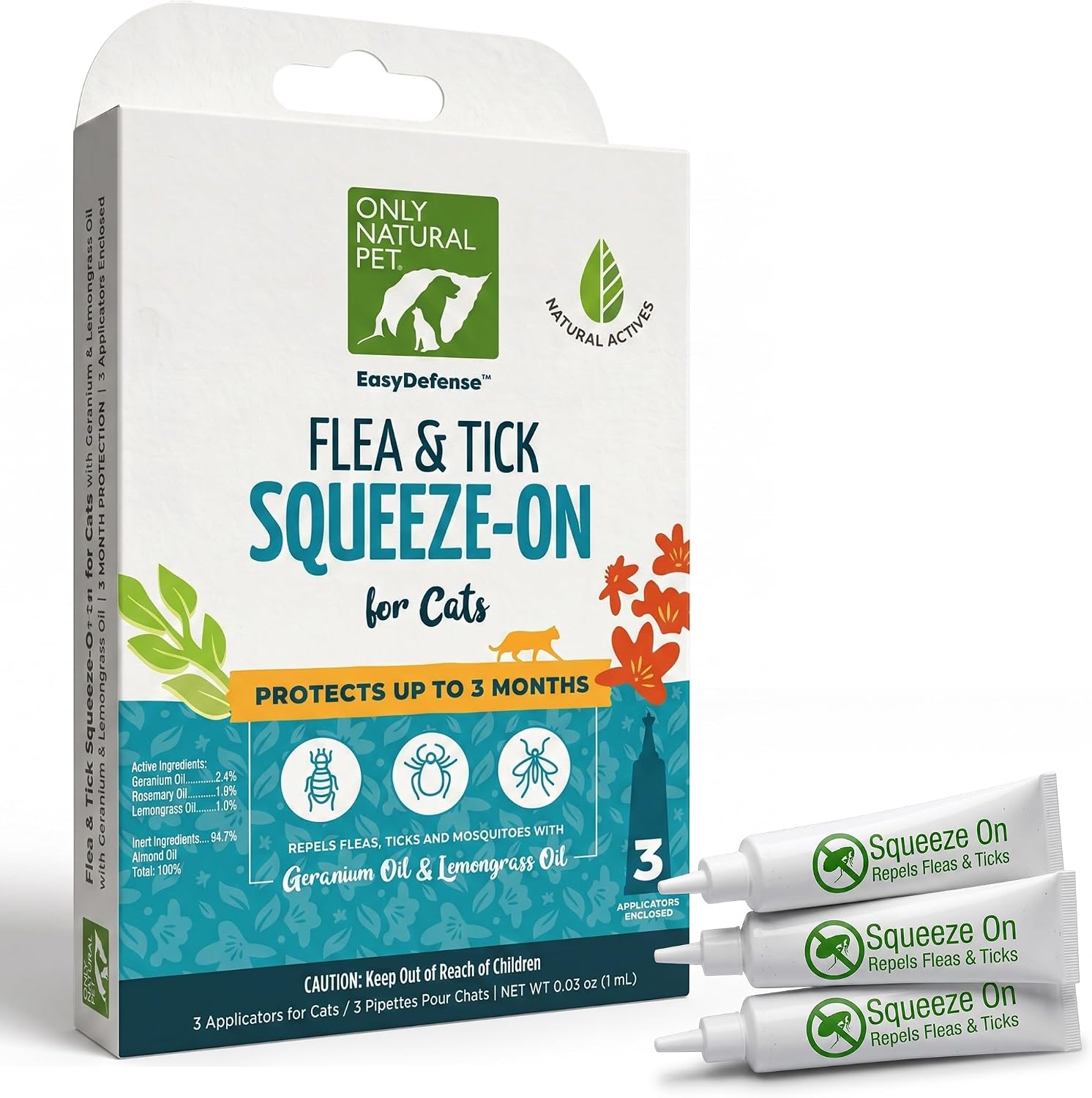 Only Natural Pet Flea and Tick Prevention for Cats - EasyDefense Flea Remedy - Natural Flea Care Control Squeeze-On Drops - Three Months Supply (1-Pack)