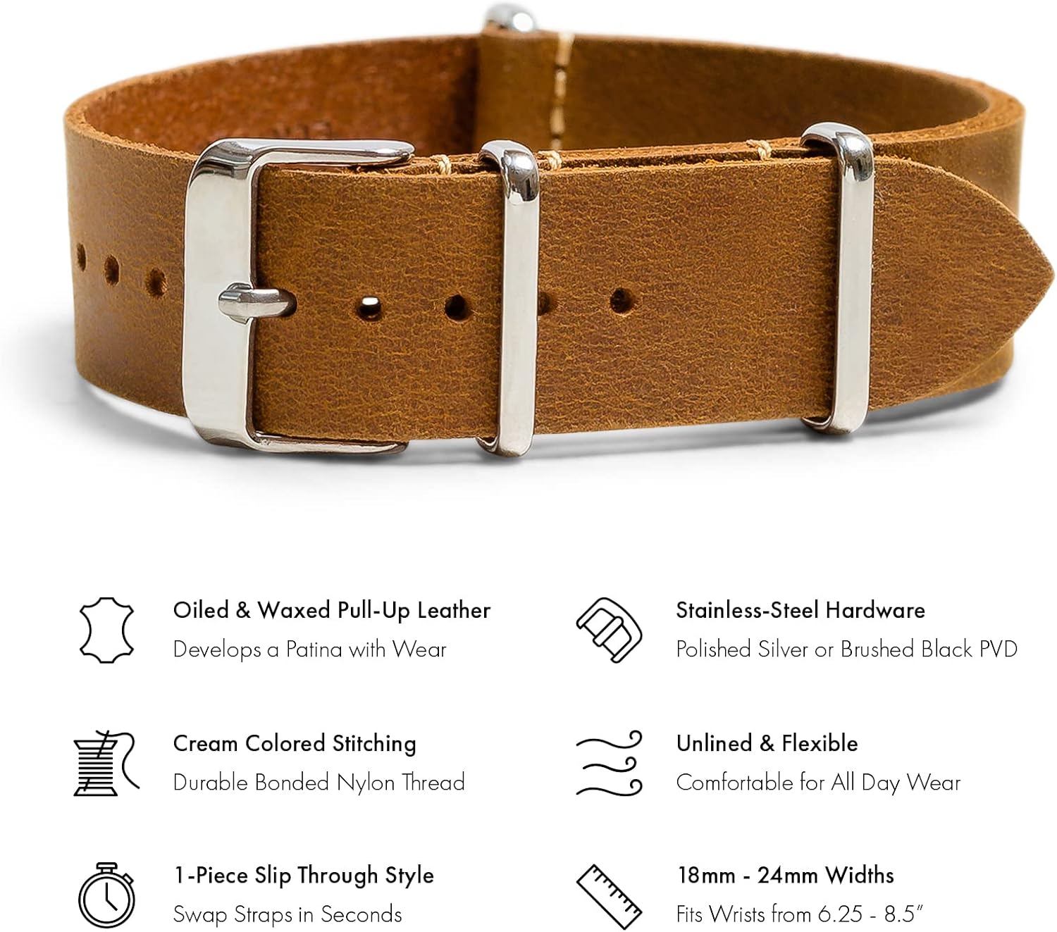 Benchmark Leather Watch Band - Crazy Horse Oiled Leather One-Piece Watch Straps for Men or Women - 18mm, 20mm, 22mm or 24mm Widths