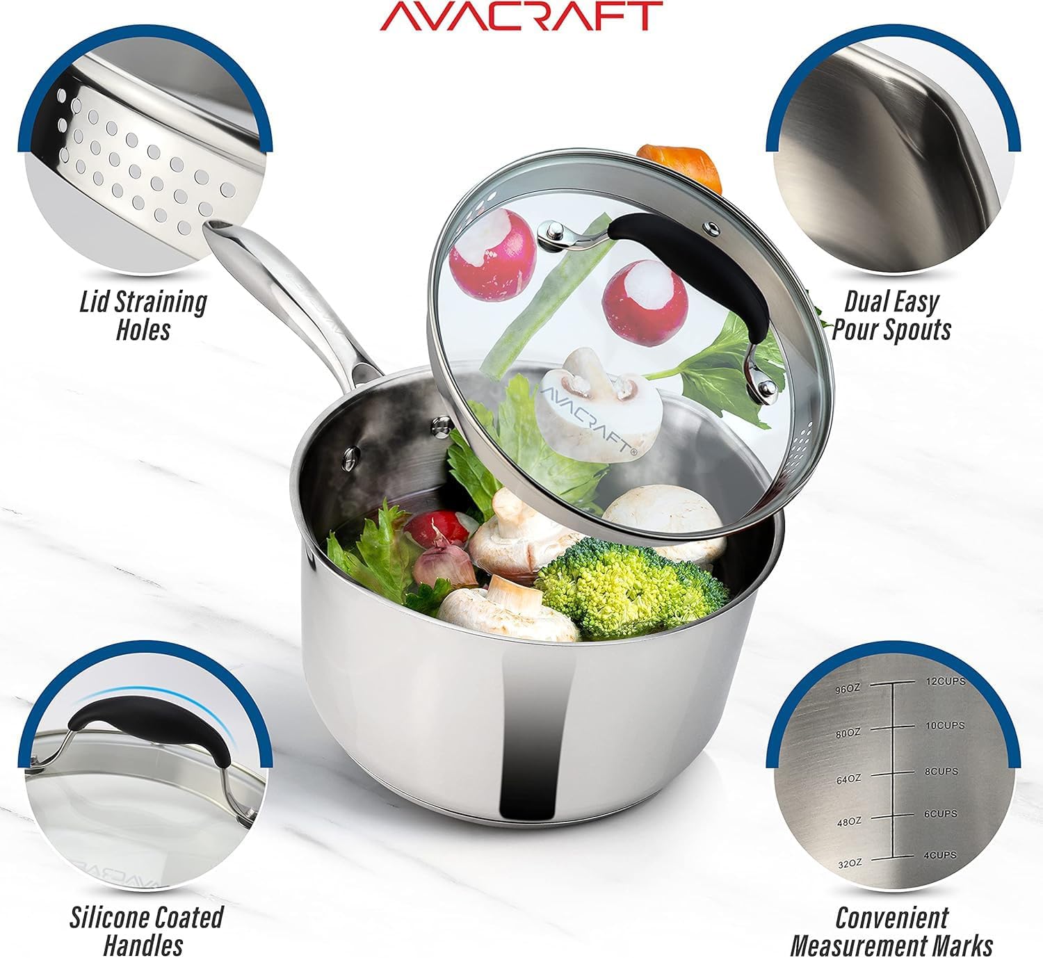 AVACRAFT 2.5 Quart Stainless Steel Saucepan with Glass Strainer Lid | 18/10 Stainless Steel, 5-Ply Capsule Base, Dual Pour Spouts, Induction Compatible, Ergonomic Handle, Dishwasher Safe
