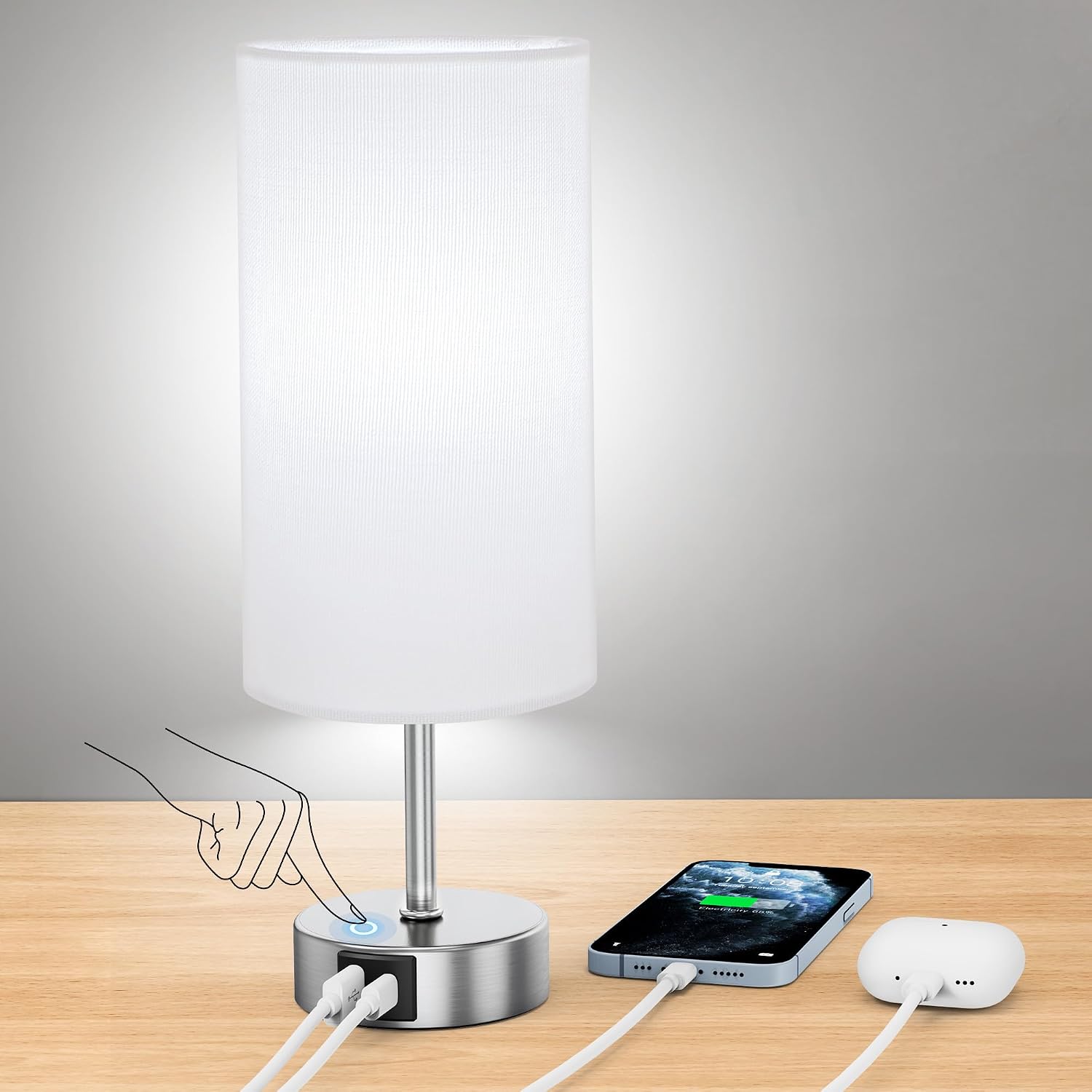 ROTTOGOON 12.8" Touch Control Table Lamp, 3-Way Dimmable Small Bedside Nightstand Lamp with 2 USB Ports