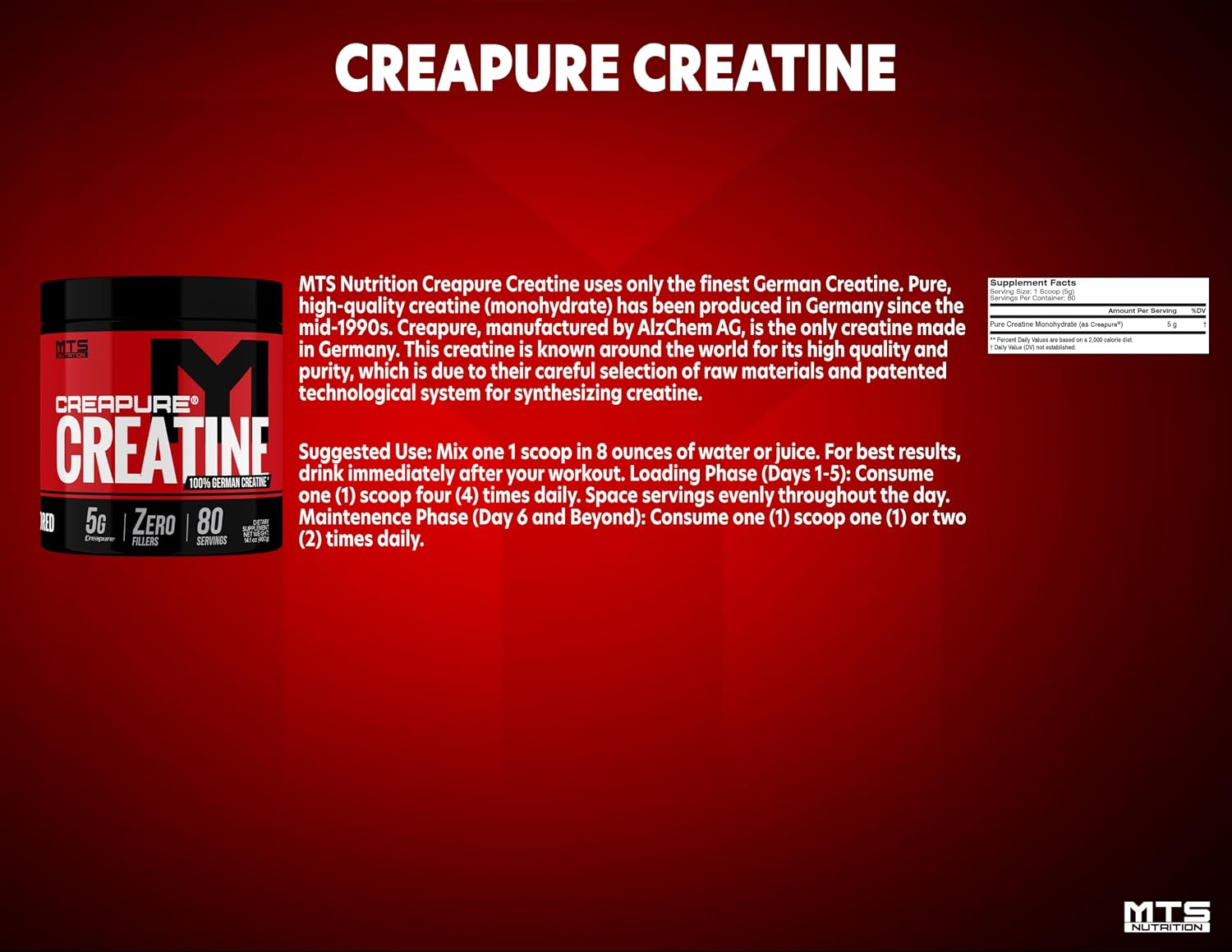 MTS Nutrition Creapure Creatine Powder - Muscle Growth & Recovery Supplement - 80 Servings Unflavored