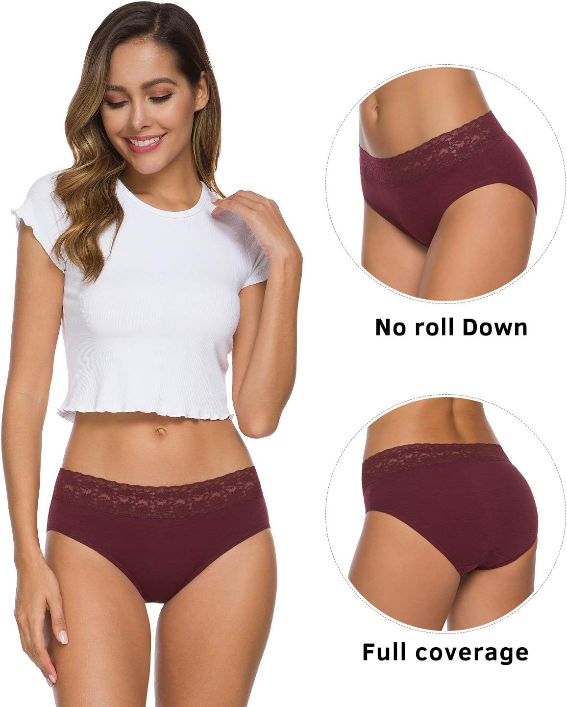 Wealurre Underwear Women Cotton Lace Waisted Bikini Panties 5-Pack