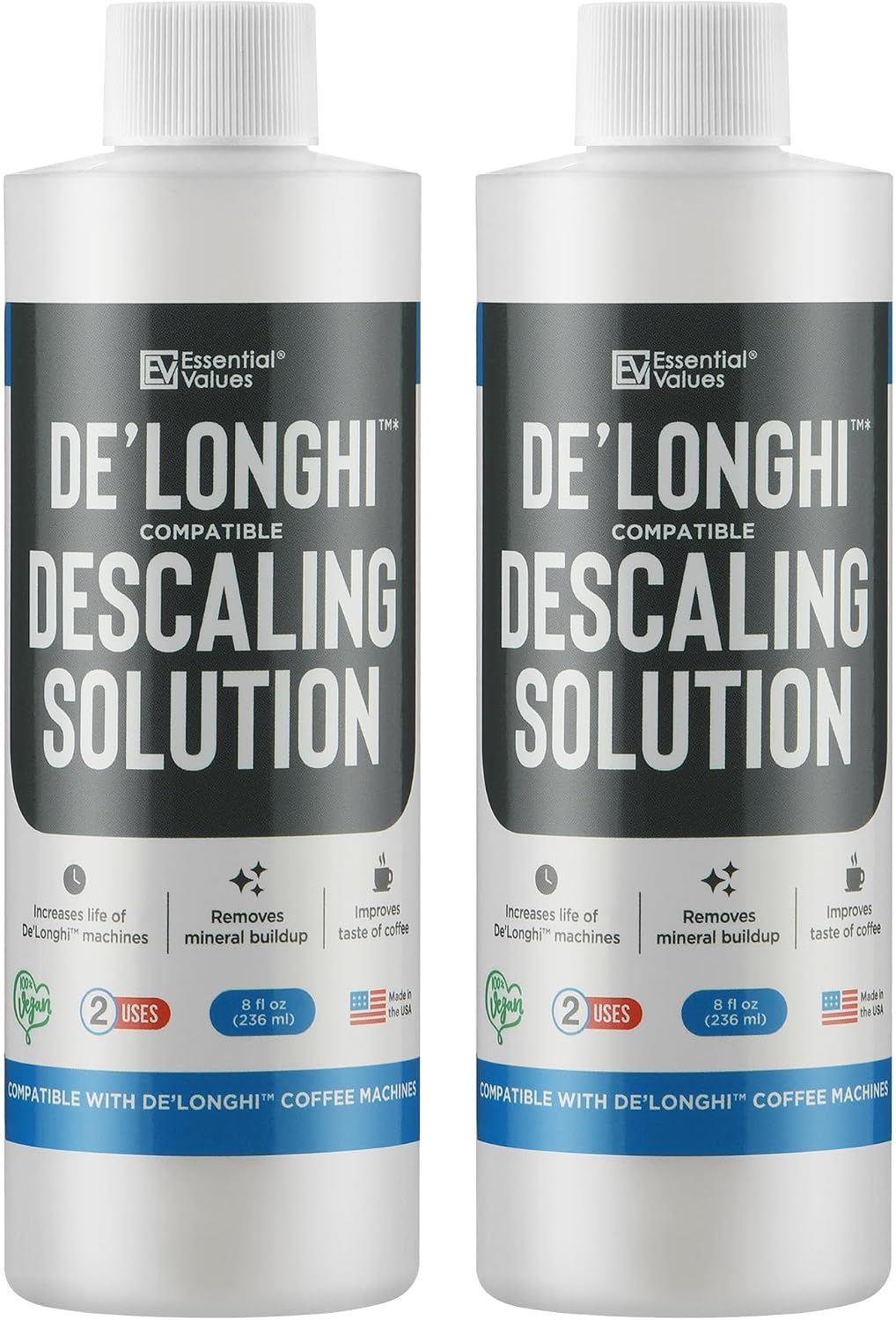 Essential Values Universal Descaling Solution, Made in the USA for Delonghi, Keurig, Breville,Nespresso (2 Uses) Coffee Machine Descaler Cleaner for all Automatic Coffee Makers & Espresso Machines