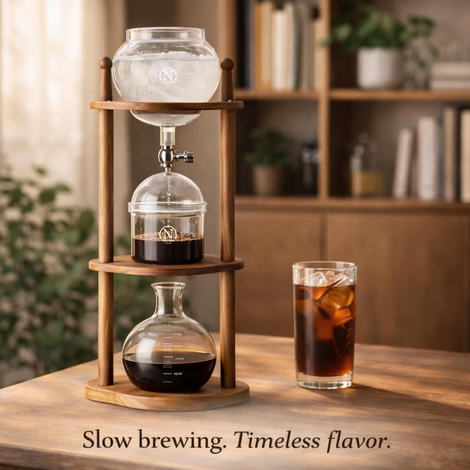 Nispira Iced Coffee Cold Brew Drip Tower Coffee Maker, 6–8 Cup Manual Cold Brew Brewer with Adjustable Valve, Wooden Frame & Glassware, Slow Cold Extraction System