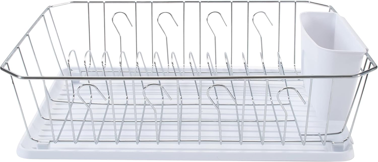 Kitchen Details 3 Piece Dish Rack | Drying Rack, Cutlery Basket & Drainboard Tray | Countertop | Self Draining | Open Wire Design | Chrome | White