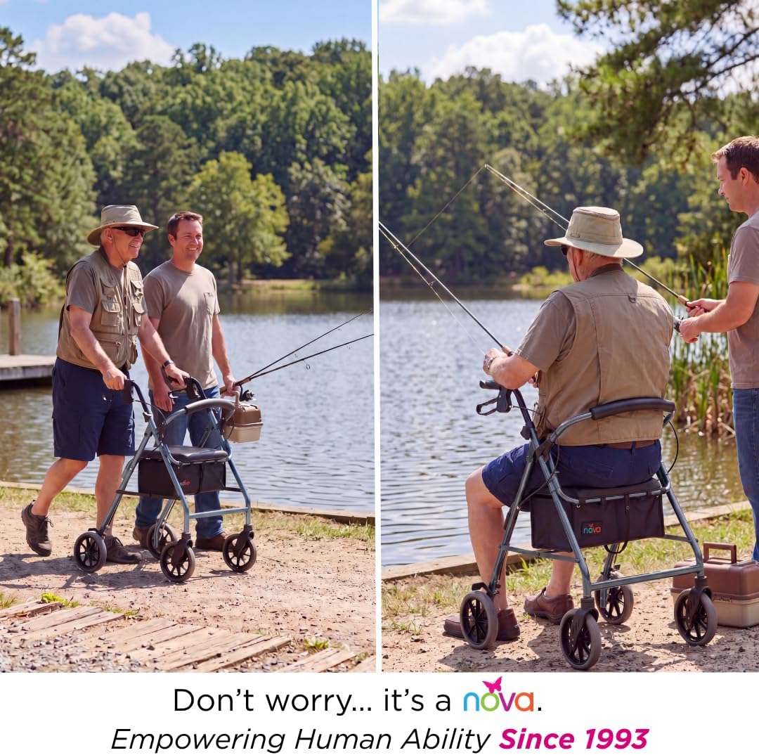 NOVA Zoom 22 Rollator Walker for Seniors, Rolling Walker with Locking Hand Brakes, Padded Seat & 8" Wheels, Lock N Load for Easy Transport & Storage, Adjustable Height 5'5"–6'1", Red