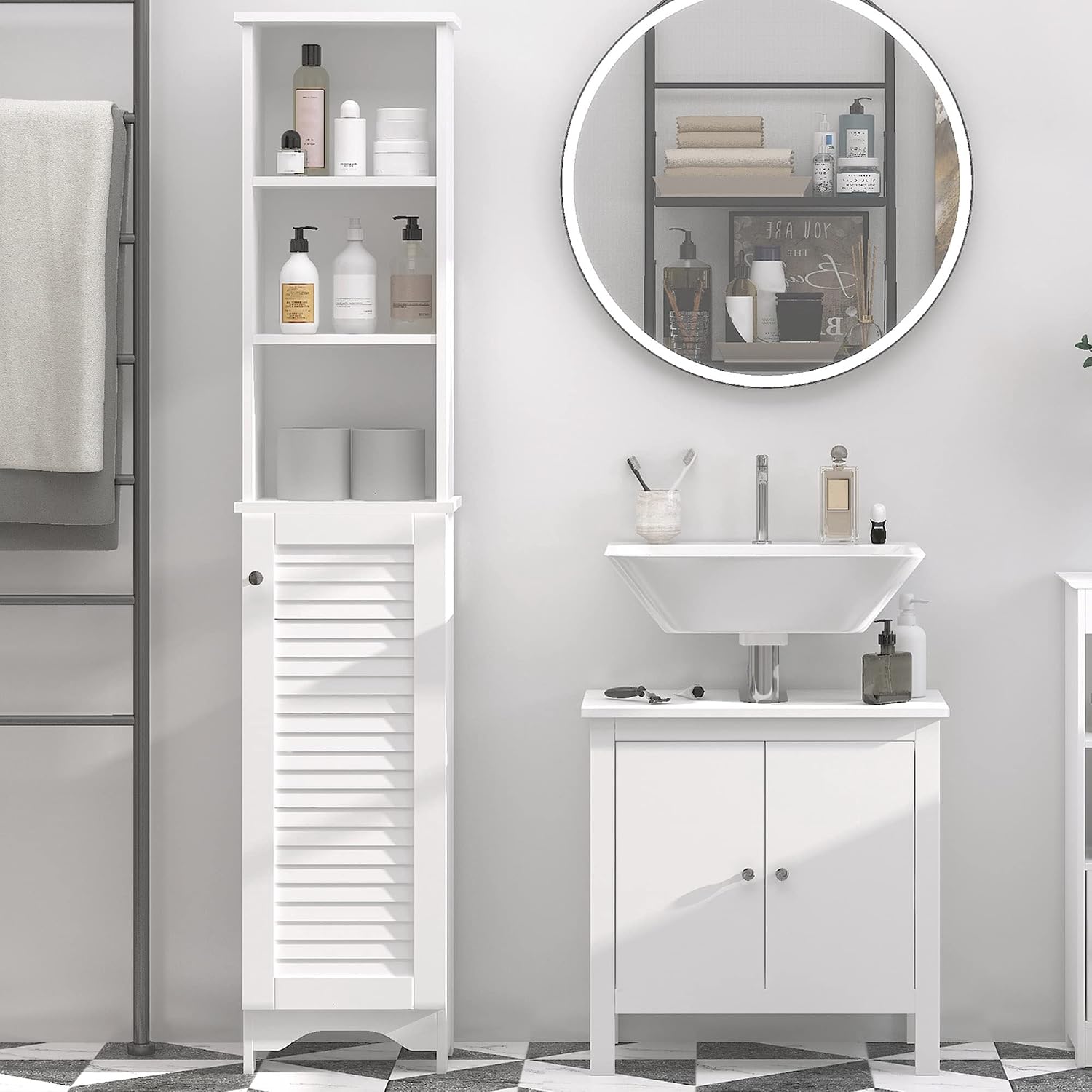 HOMCOM Tall Bathroom Storage Cabinet Freestanding with 3-Tier Shelf White | Linen Tower, Open Adjustable Shelf