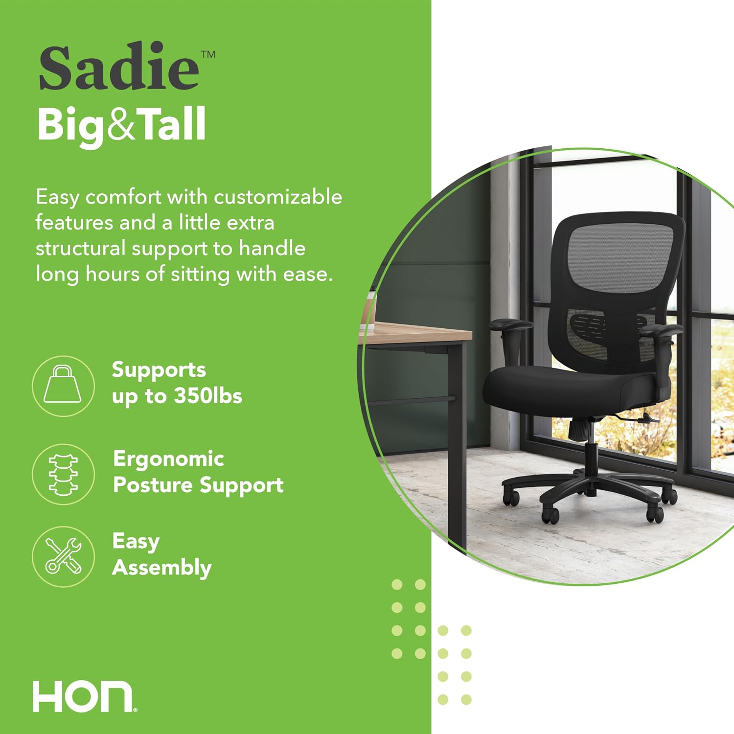 HON Sadie Big and Tall Ergonomic Office Chair, Heavy Duty Desk Chair, Black | Big and tall ergonomic office desk chair for desk work, lumbar support, adjustable arms, mesh comfort, 350 lb capacity