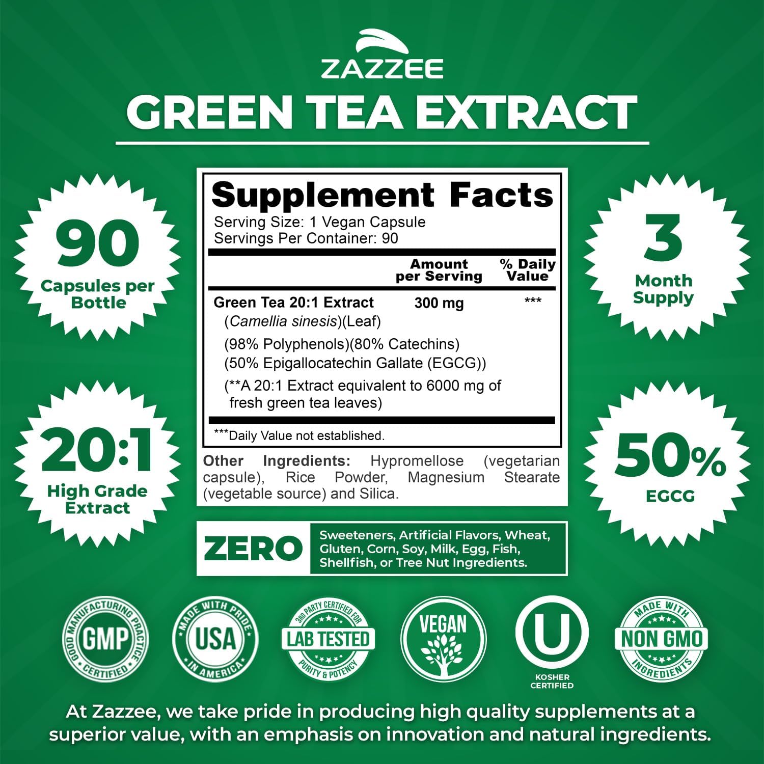 Zazzee Extra Strength Green Tea 20:1 Extract, 50% EGCG, 150 Vegan Capsules | 98% Polyphenols, 80% Catechins, 5 Month Supply, Certified Kosher, Antioxidant & Metabolism Support, Non-GMO, Made in the USA