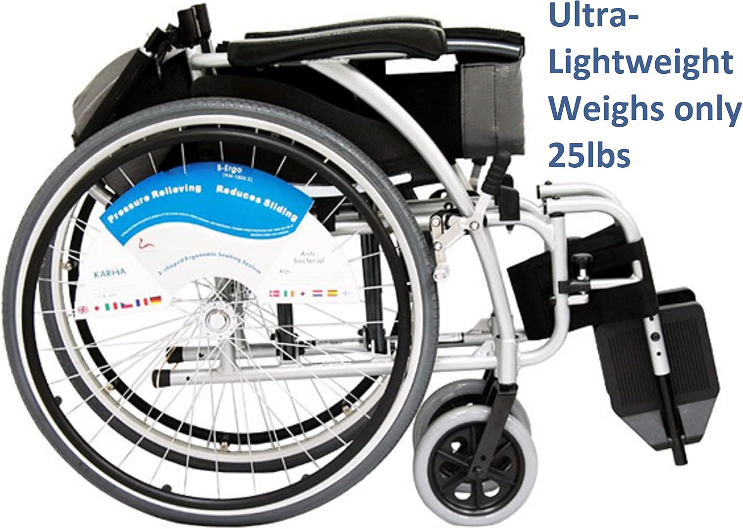 Karman 25 lbs Ergonomic Wheelchair with Removable Footrest 18" Silver