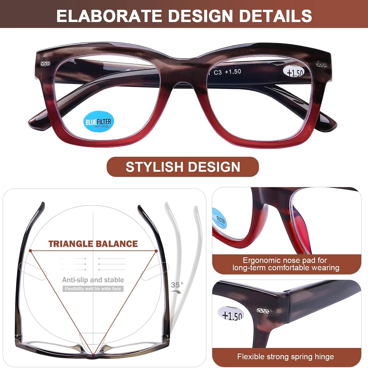 AQWANO Oversized Computer Reading Glasses Blue Light Blocking, 4 Pairs Stylish Fashion Design Anti UV Ray/Eye Strain/Glare Readers Men Women, 1.5