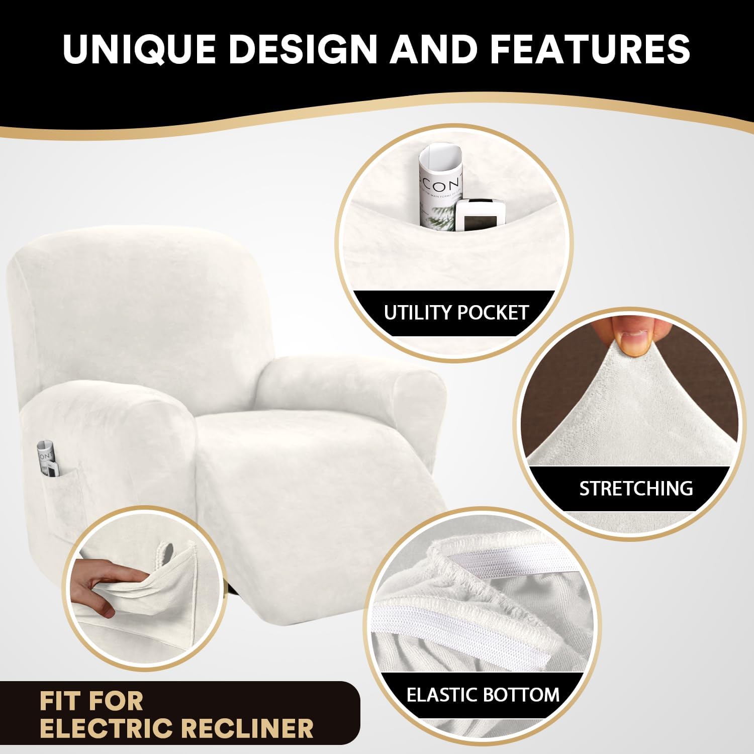 PrinceDeco Recliner Chair Cover Velvet Stretch Recliner Couch Covers 4-Pieces Style Recliner Chair Covers Recliner Cover for Reclining Chair