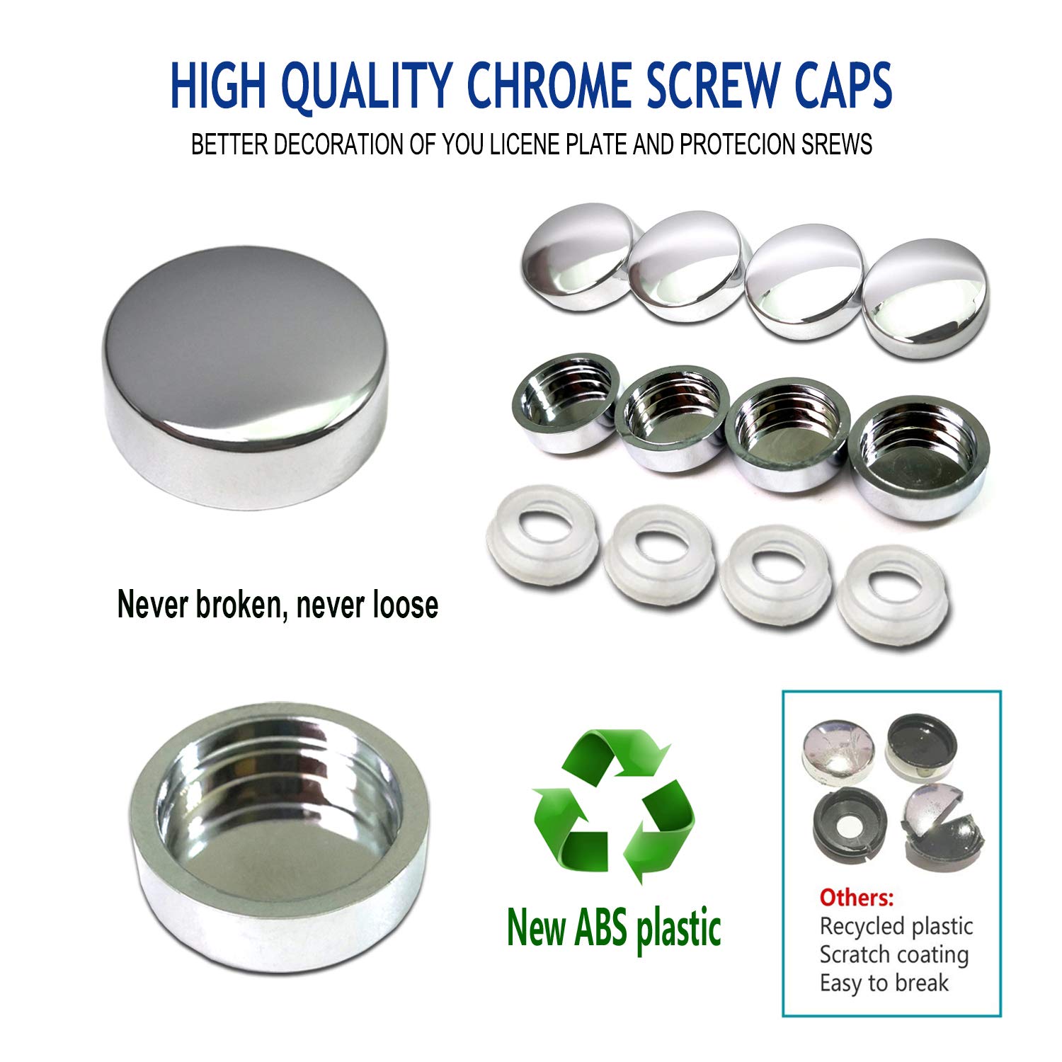 ZXFOOG Anti Theft License Plate Screws, Stainless Steel Bolts, Chrome Caps