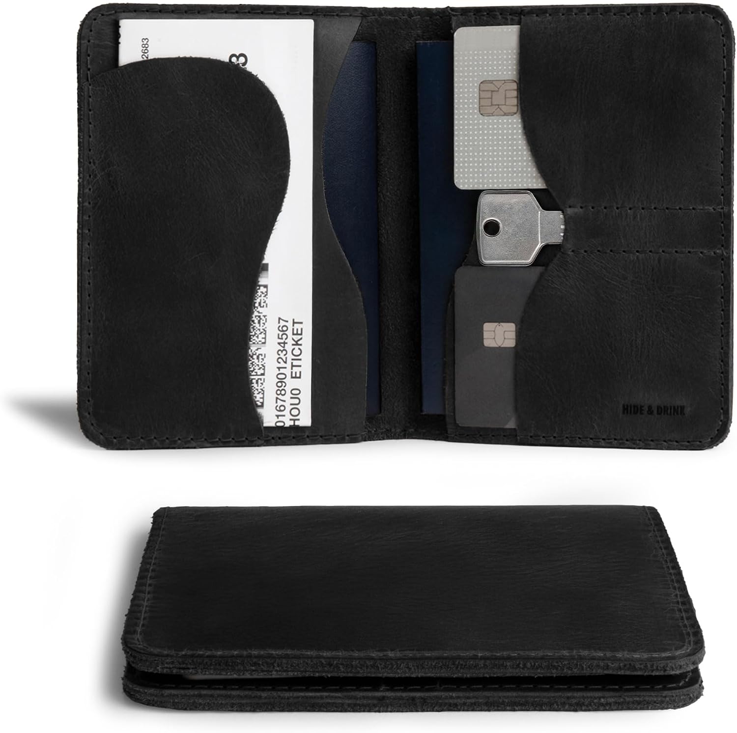Hide & Drink, Double Passport Cover with Slots for Bills and Keys, Rustic Case, ID Organizer, Full Grain Leather, Handmade Accessories, Bourbon Brown