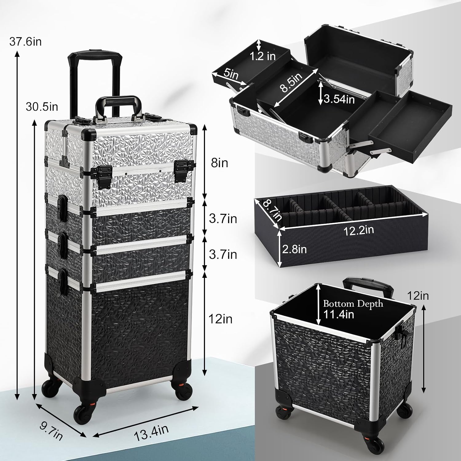 Stagiant Rolling Makeup Case Cosmetology Case on Wheels 4 in 1 Large Cosmetic Organizer Train Case Makeup Travel Case with Key Swivel Wheels Nail