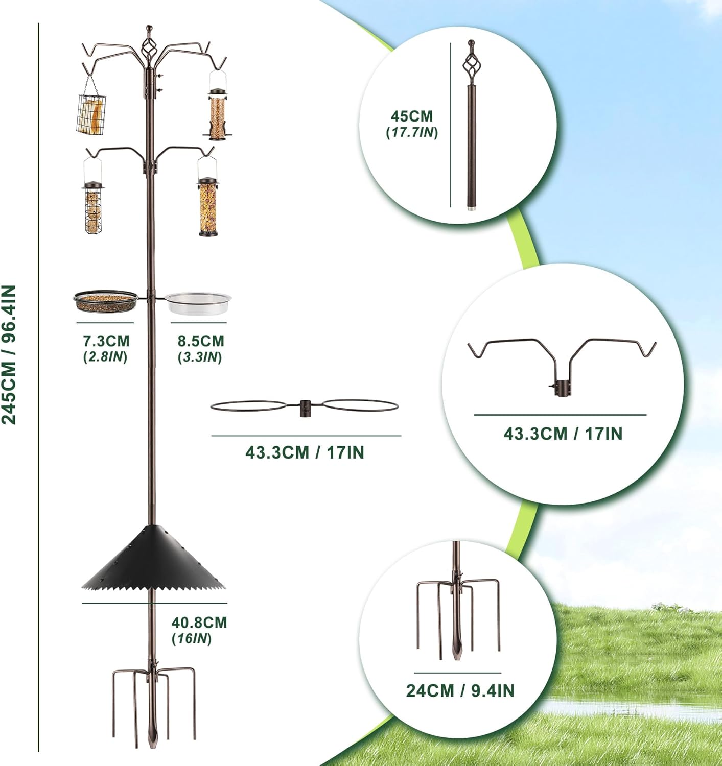 Deluxe Bird Feeding Station Kit with Multi Feeder Hanging Pole, Metal Suet Feeder, Bird Bath