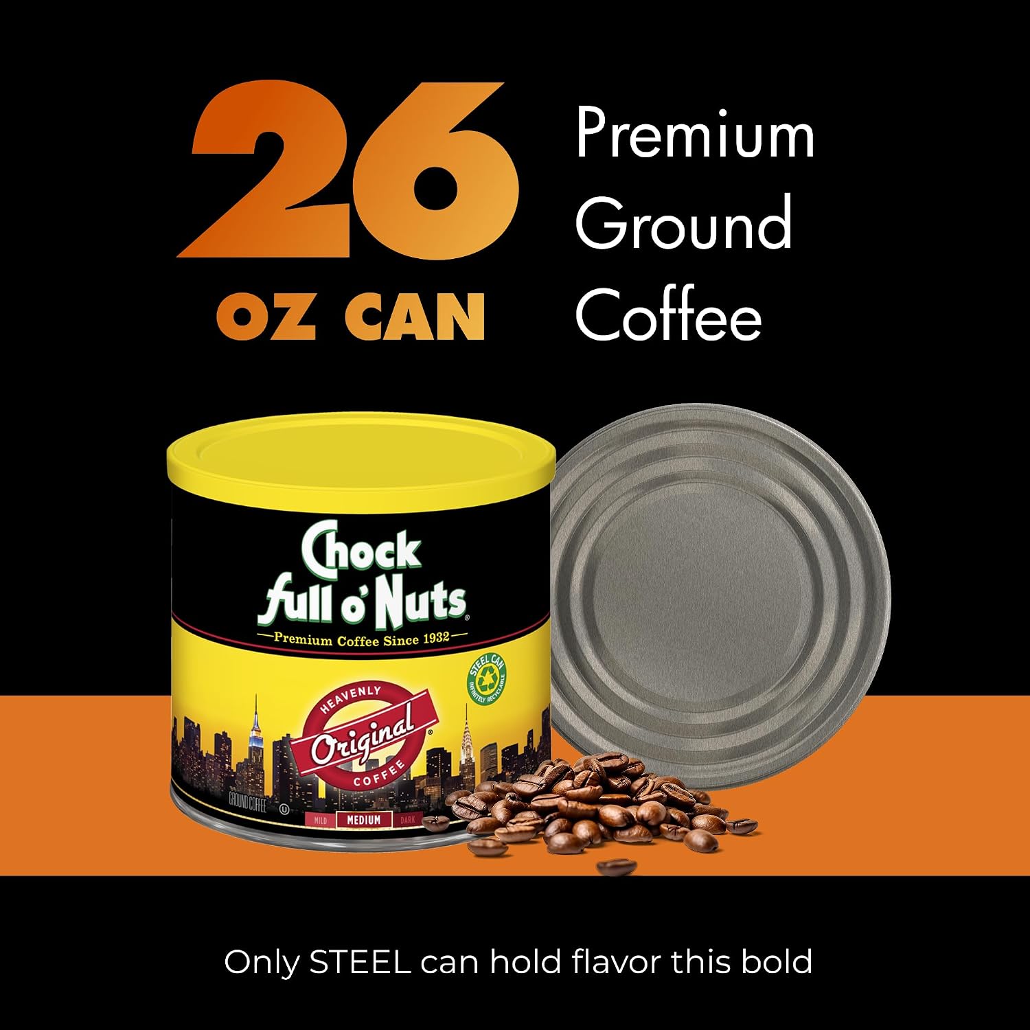 Chock Full o' Nuts French Roast Ground Coffee – Premium Beans in Recyclable Steel Can – Rich Flavor & Aroma, Dark Roast – Perfect for Drip, Pour-Over, Percolator – 26 Oz Can