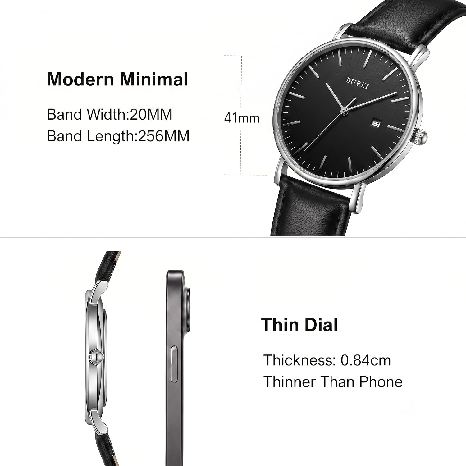 BUREI Men Wrist Watches Fashion Minimalist Thin Analog Quartz Waterproof Watches for Men, Refined Gifts for Men, Boyfriend, Husband, Dad