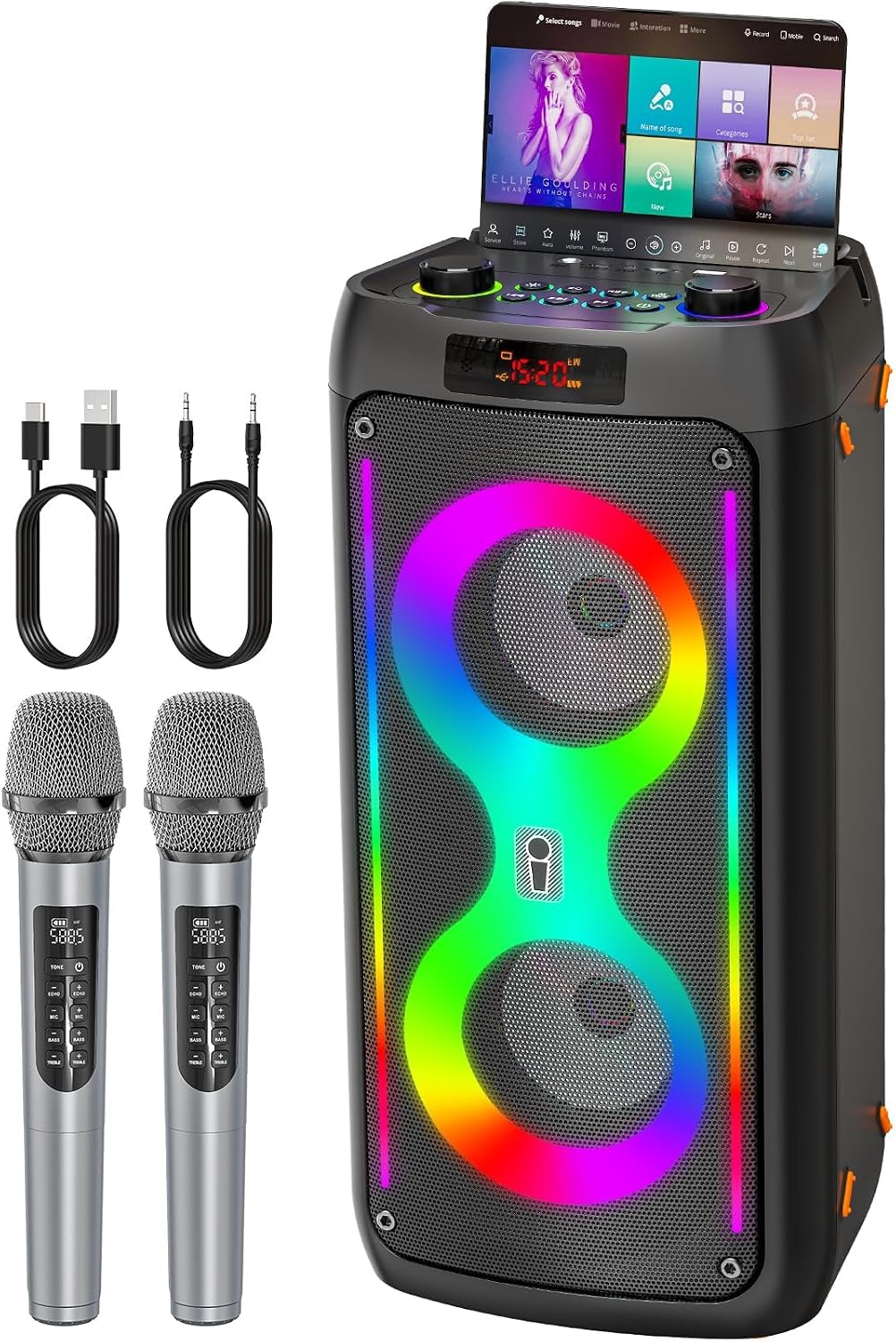 Karaoke Machine with 2 Wireless Mics, Portable Speaker for Party & Outdoor