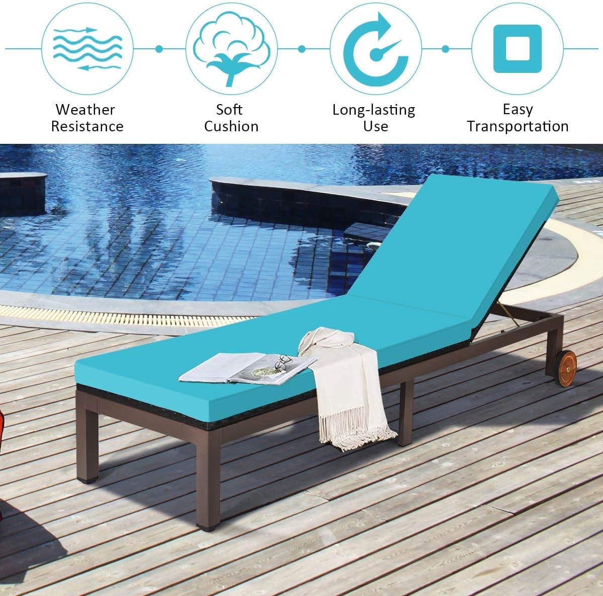 Tangkula Patio Chaise Lounge Chair, Outdoor Rattan Lounger Recliner Chair with Wheels, Wicker Chaise Chair W/Cushioned Seating