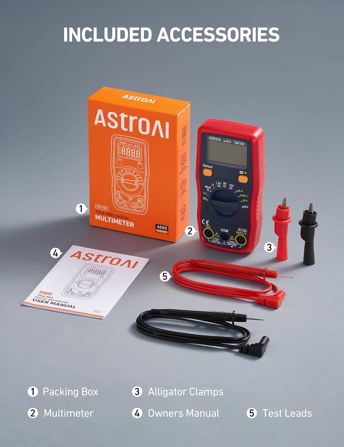 AstroAI DM130B Multimeter, 4000 Counts, Auto-Ranging, Capacitance Testing
