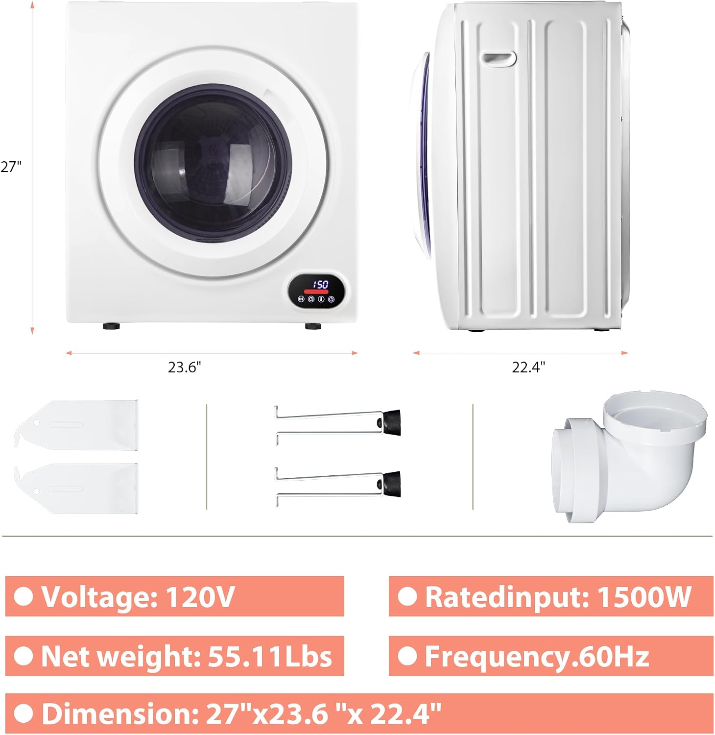 Euhomy Compact Laundry Dryer, 3.5 cu ft Front Load Stainless Steel Clothes Dryers With Exhaust Pipe, 1500W