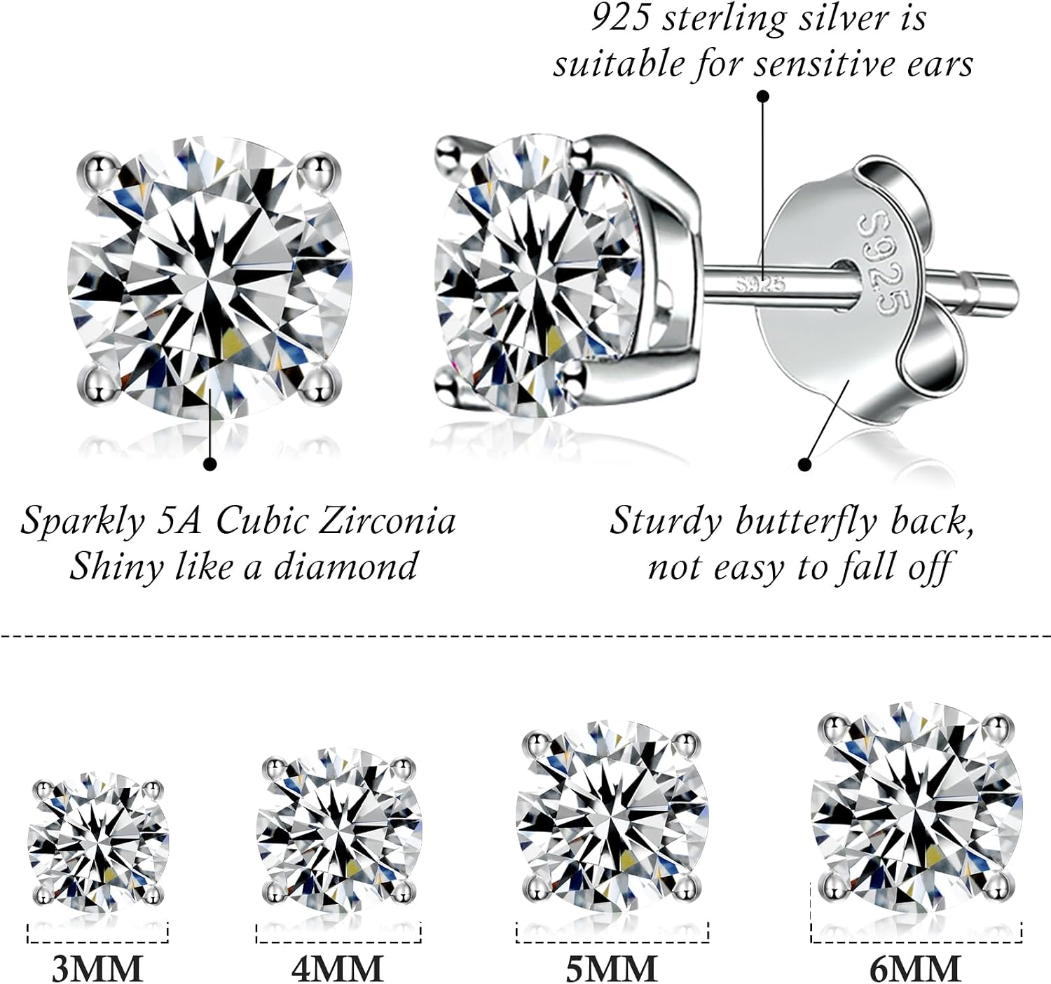 925 Sterling Silver Stud earrings Set | White Gold Plated Hypoallergenic Stud Earrings | Cubic Zirconia Stud Earrings for Women (2mm, 3mm, 4mm, 5mm