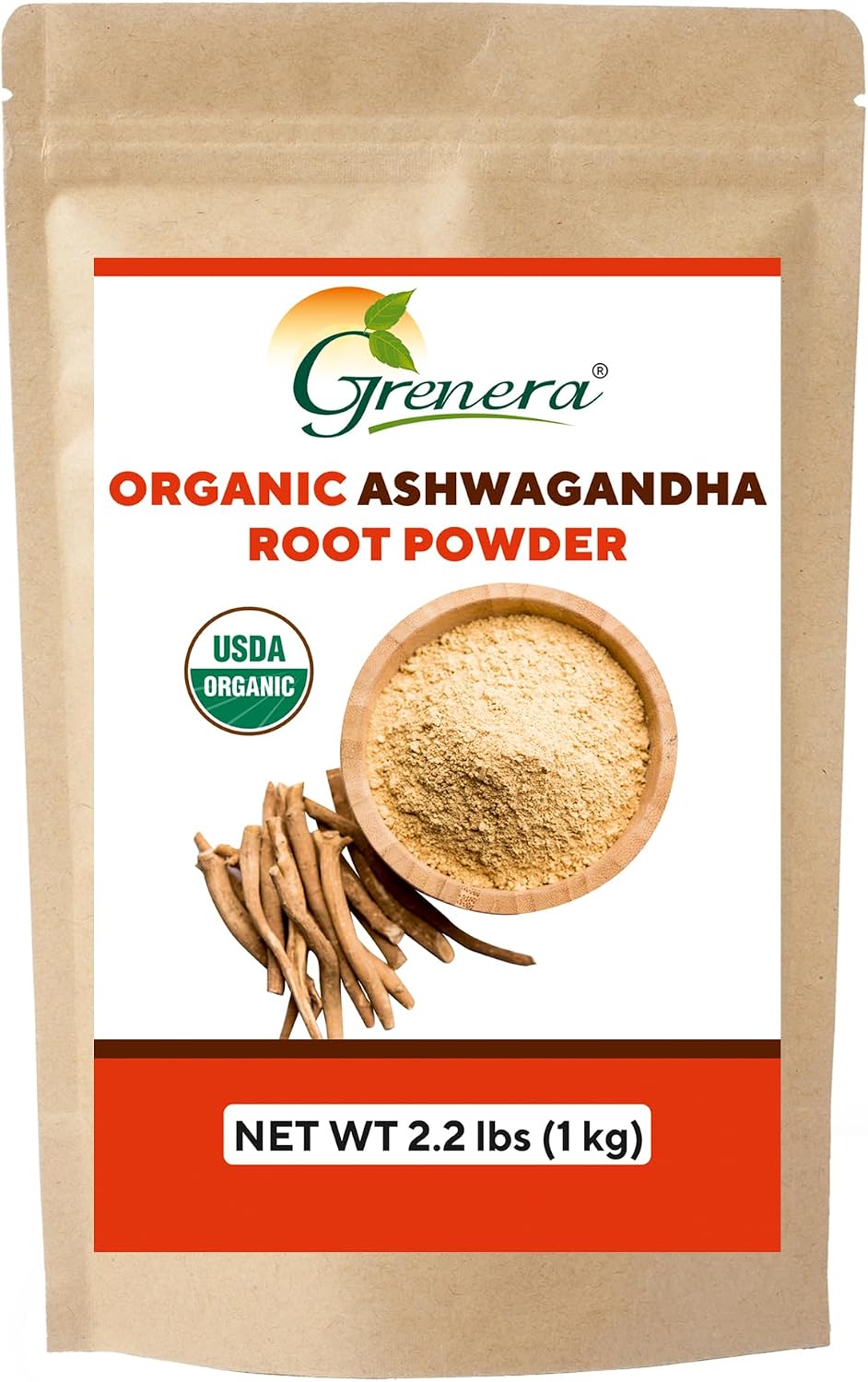 Grenera Organic Ashwagandha Root Powder | 2.2 lbs (1 kg) | USDA Organic, Vegan, Kosher Certified | Non-GMO, Gluten Free | Ashwagandha Powder for Smoothies, Drinks, Recipes | Lab Tested