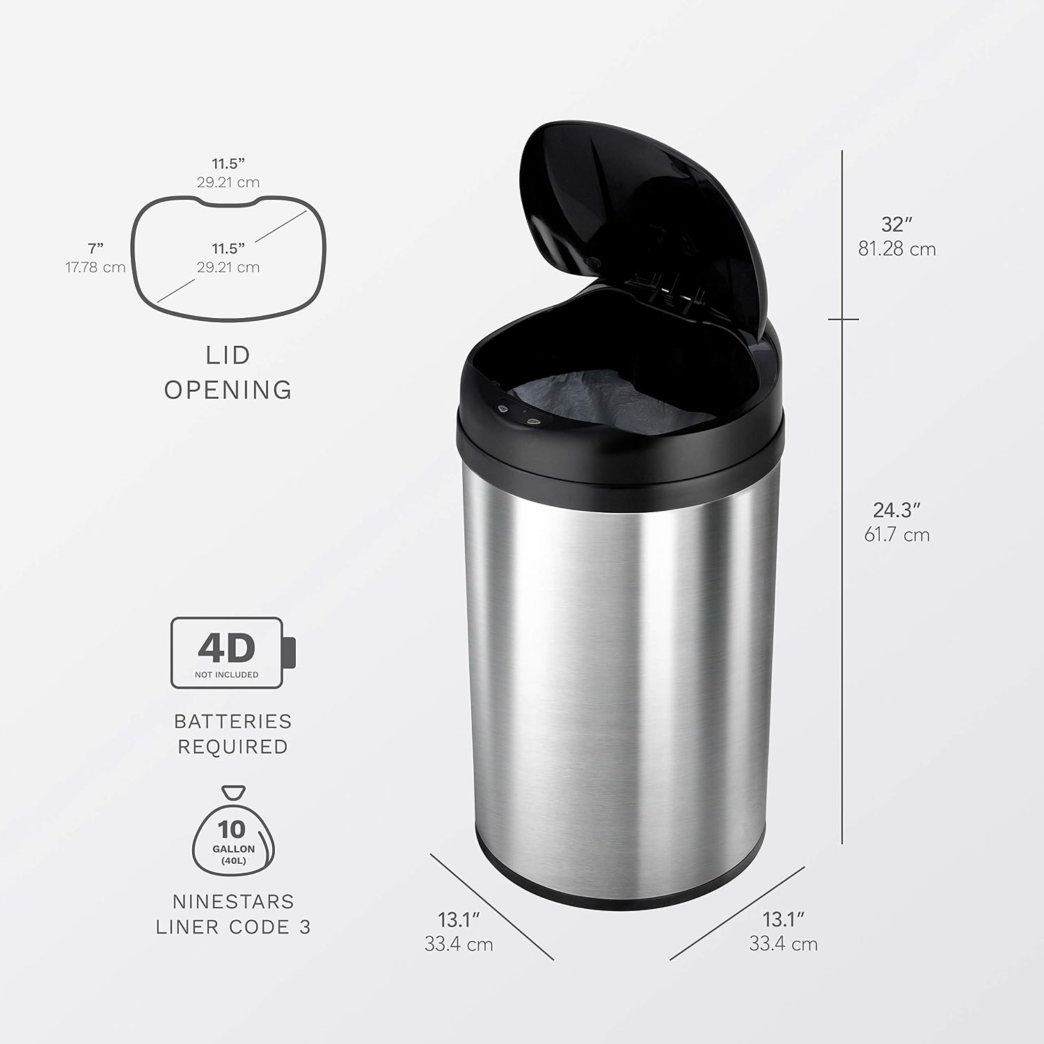 NINESTARS CB-DZT-50-98-1C Automatic Touchless Motion Sensor Oval & Rectangular Trash Can Combo Set, 13.2 Gal. 50 L. & 2.1 Gal.8 L., Stainless Steel