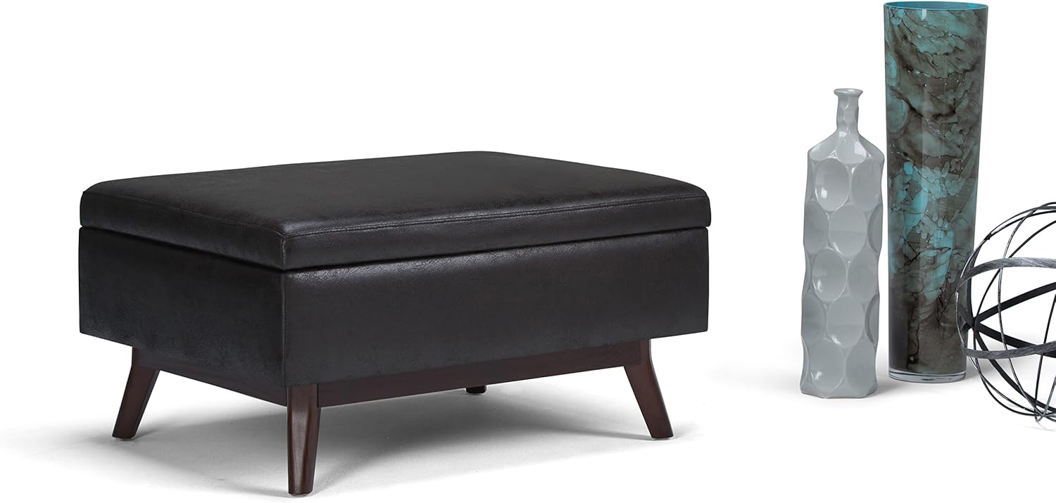 SIMPLIHOME Owen 34" Wide Vegan Leather Lift Top Ottoman in Dark Blue