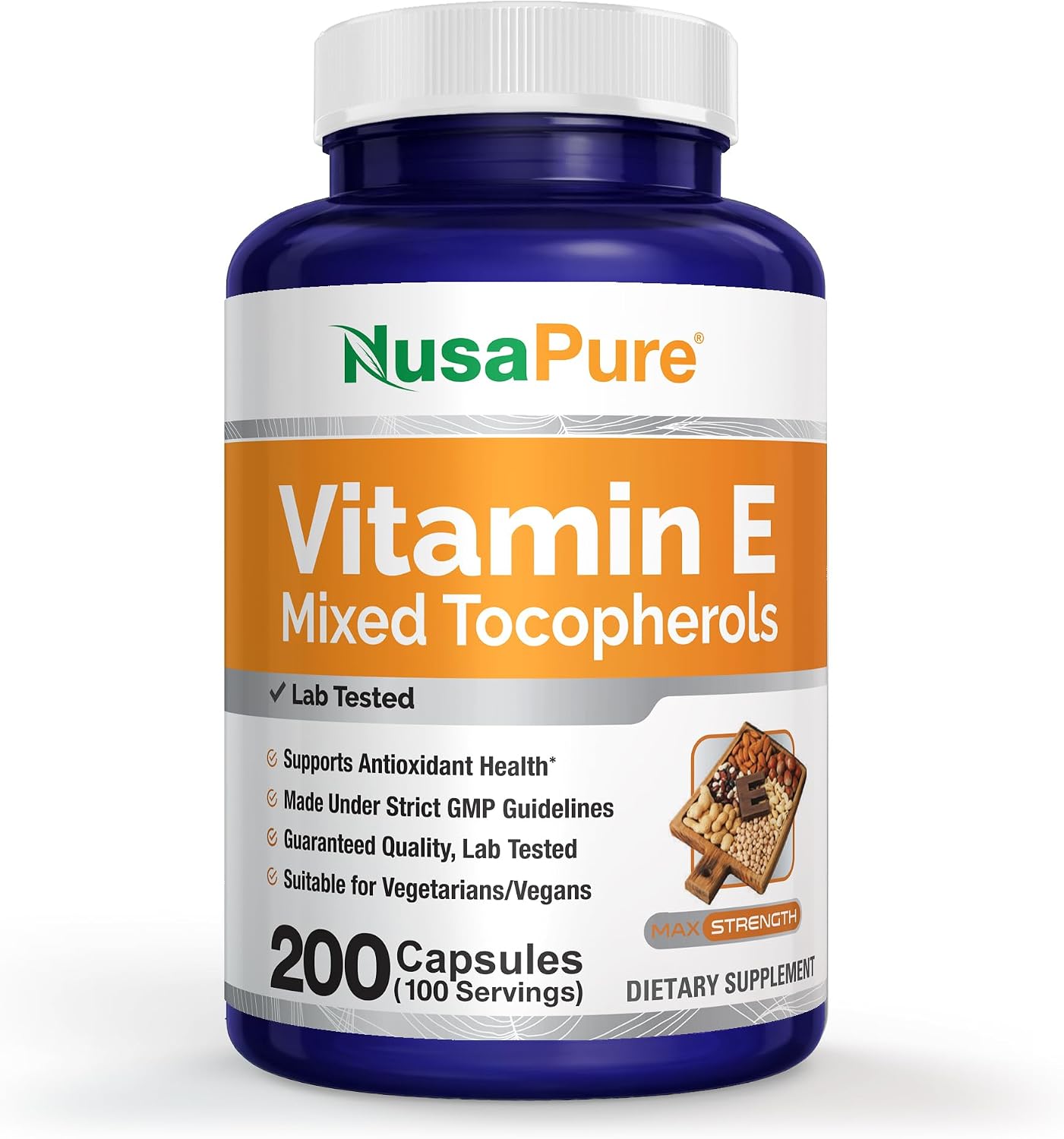 Vitamin E Mixed Tocopherols, Non-GMO Vegan, 200 Veg Capsules - 100 Servings | Plant Based with Gluten Free Formulation, Suitable for Adults