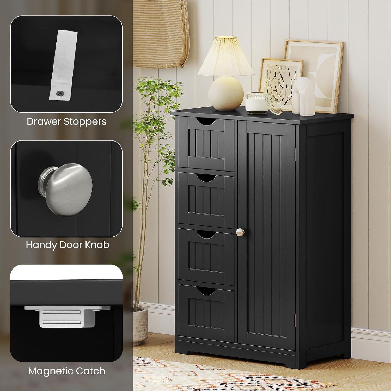 Giantex Storage Cabinet with 4 Drawers, Bathroom Storage Organizer with Cupboard, Adjustable Shelf, Anti-Toppling Device, Floor Cabinet, Entryway Storage Unit Console Table, White