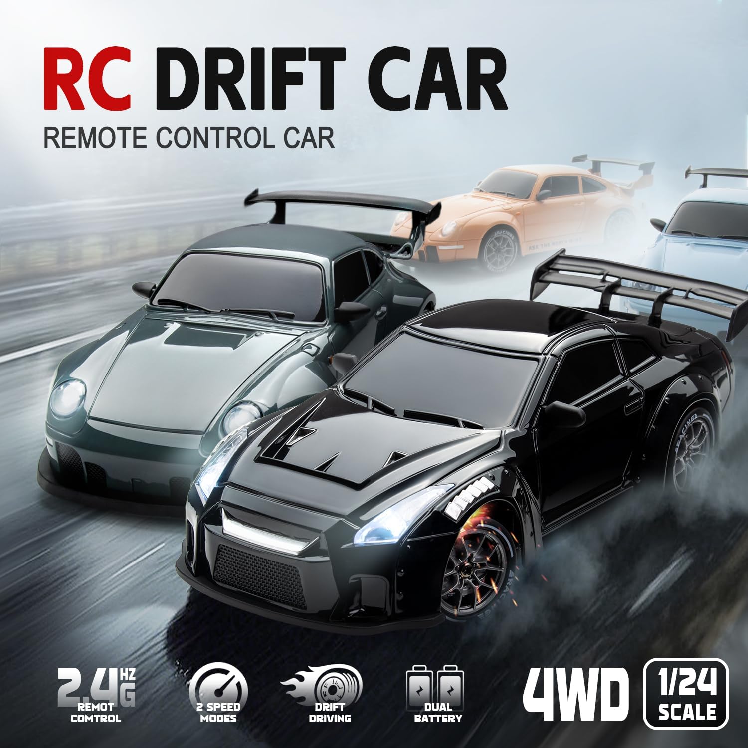 RC Drift Car Purple Racing Livery 1/24 Remote Control Car for Adult | 20KM/H 4WD Low/High Speed RC Cars with LED Lights, Extra Drifting Tires, Vehicle for Kids Boys Girls Beginners Indoor Outdoor