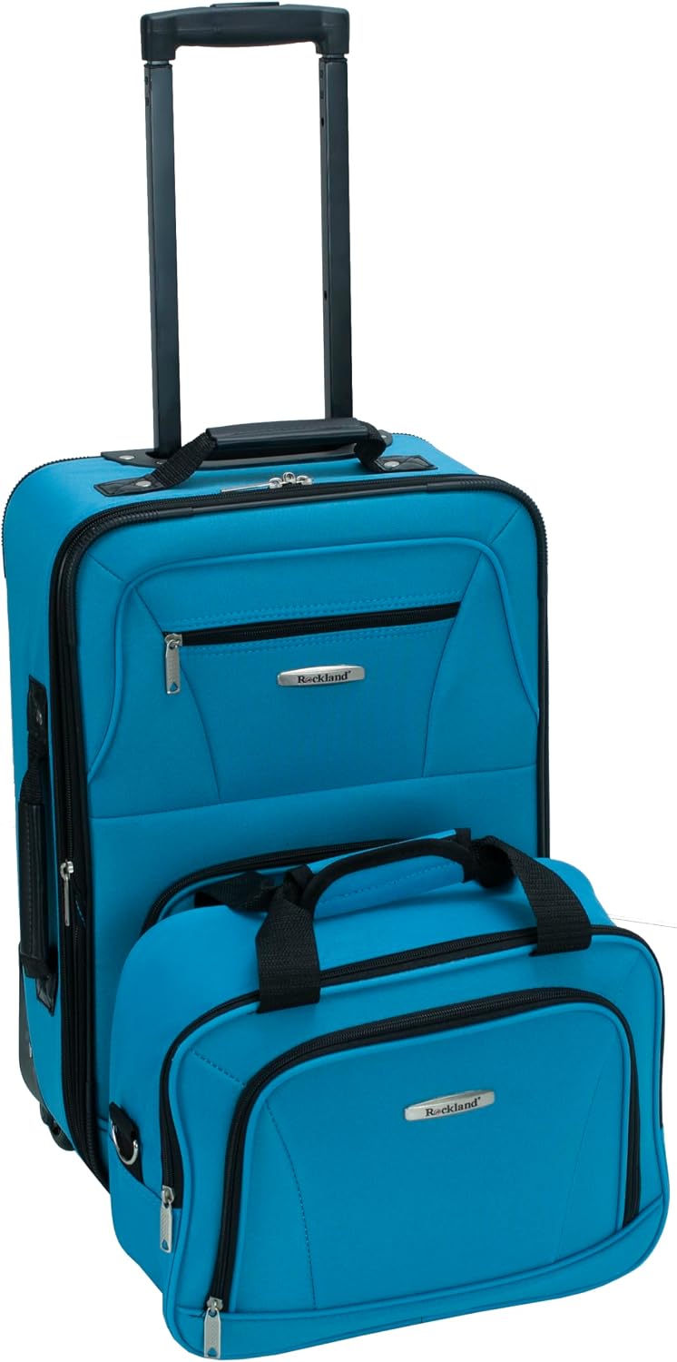 Rockland Fashion Softside Upright Luggage Set,Expandable, Telescopic Handle, Wheel, Black Dot, 2-Piece (14/19)