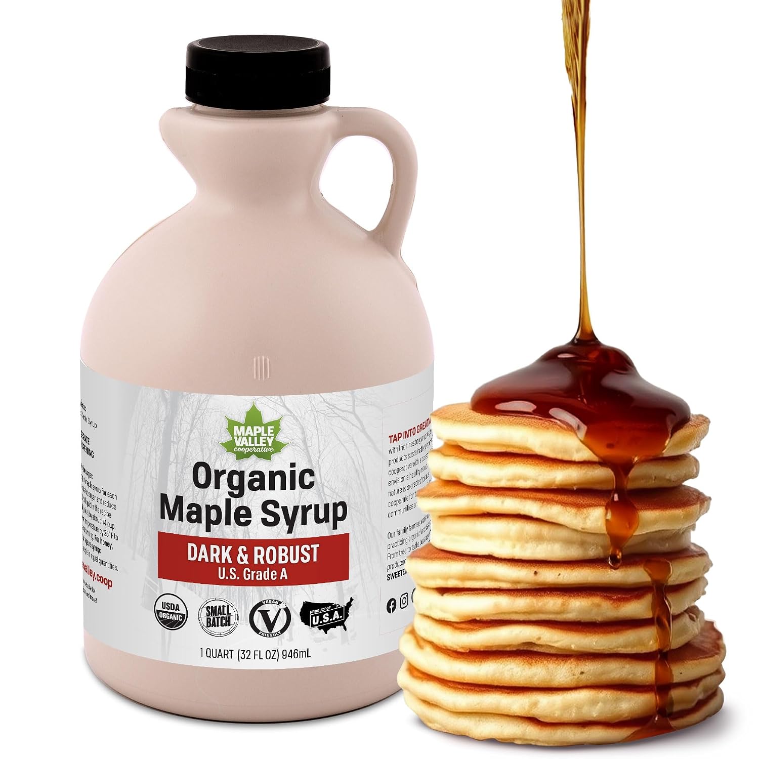 Maple Valley Organic Pure Maple Syrup, Dark & Robust, 32oz (Plastic Jug)​ | Naturally Sweetens Cooking, Baking, Coffee, Tea and Marinades; A Better Alternative to Refined Sugar and Table Syrup