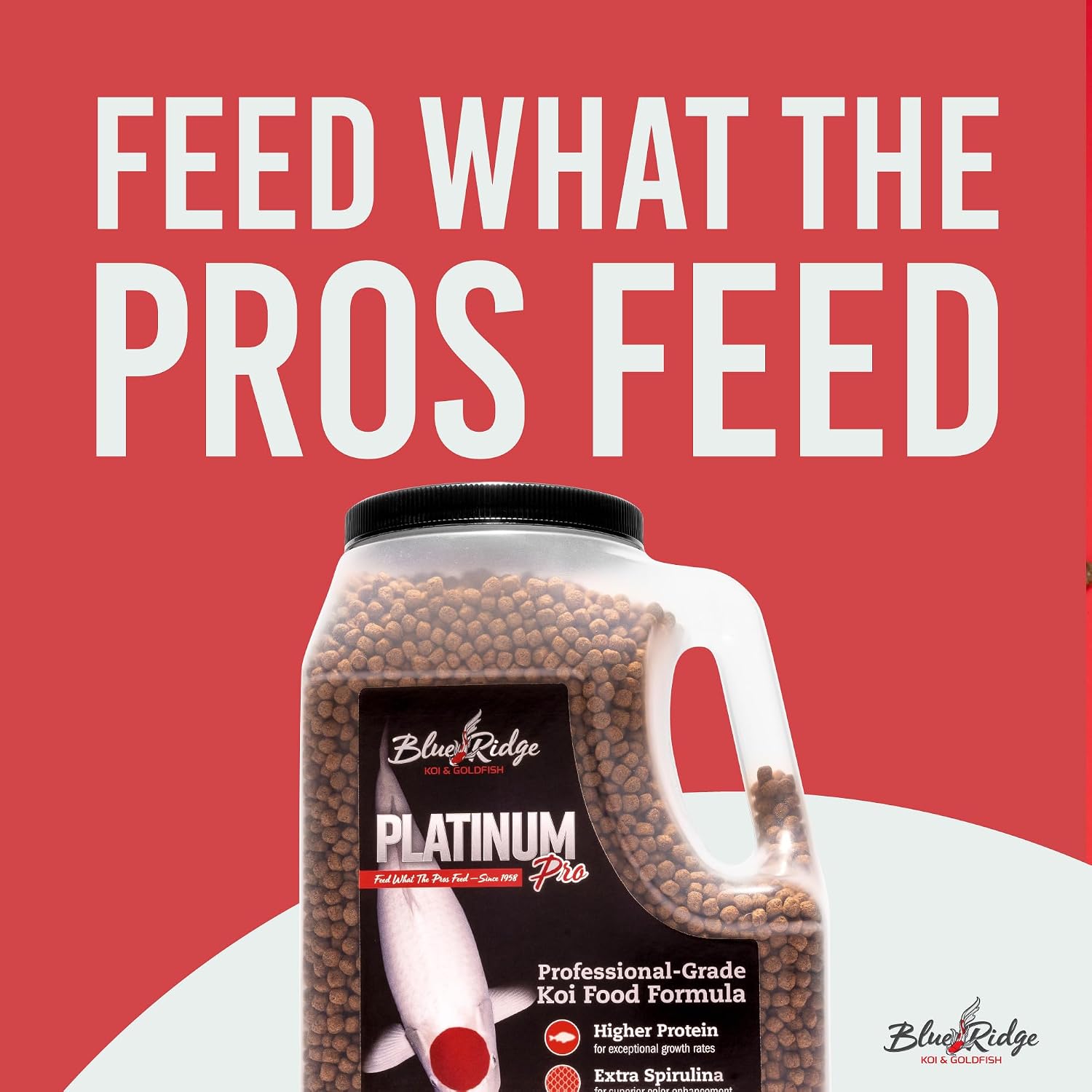 Blue Ridge Koi Platinum Pro 41% Protein Fish Food, 3/16" Pellets, 4.5 lb | Floats, softens fast; Spirulina & Canthaxanthin color support; probiotic-enriched; warm-season formula