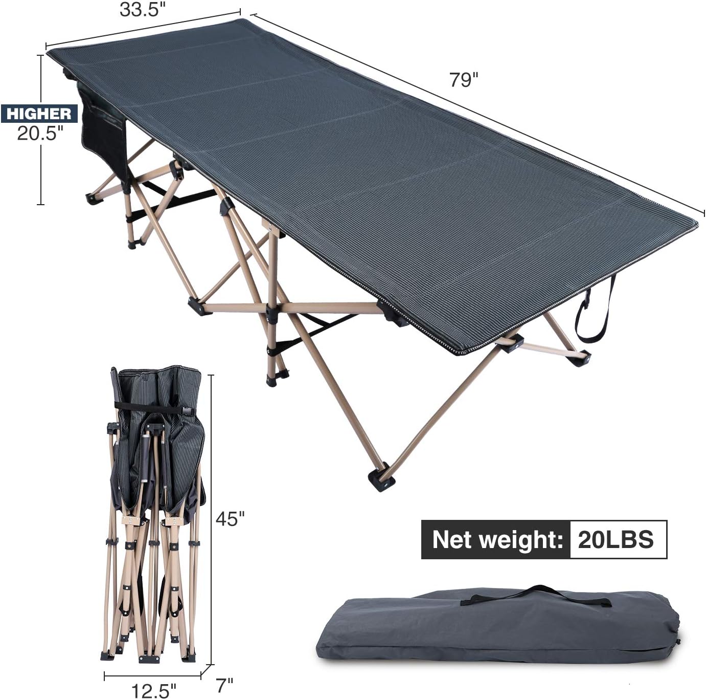 REDCAMP Oversized Camping Cots for Adults 500lbs, 33.5'' Extra Wide Tall Sleeping Cots Heavy Duty, XL Cots Portable for Outdoor Indoor Office