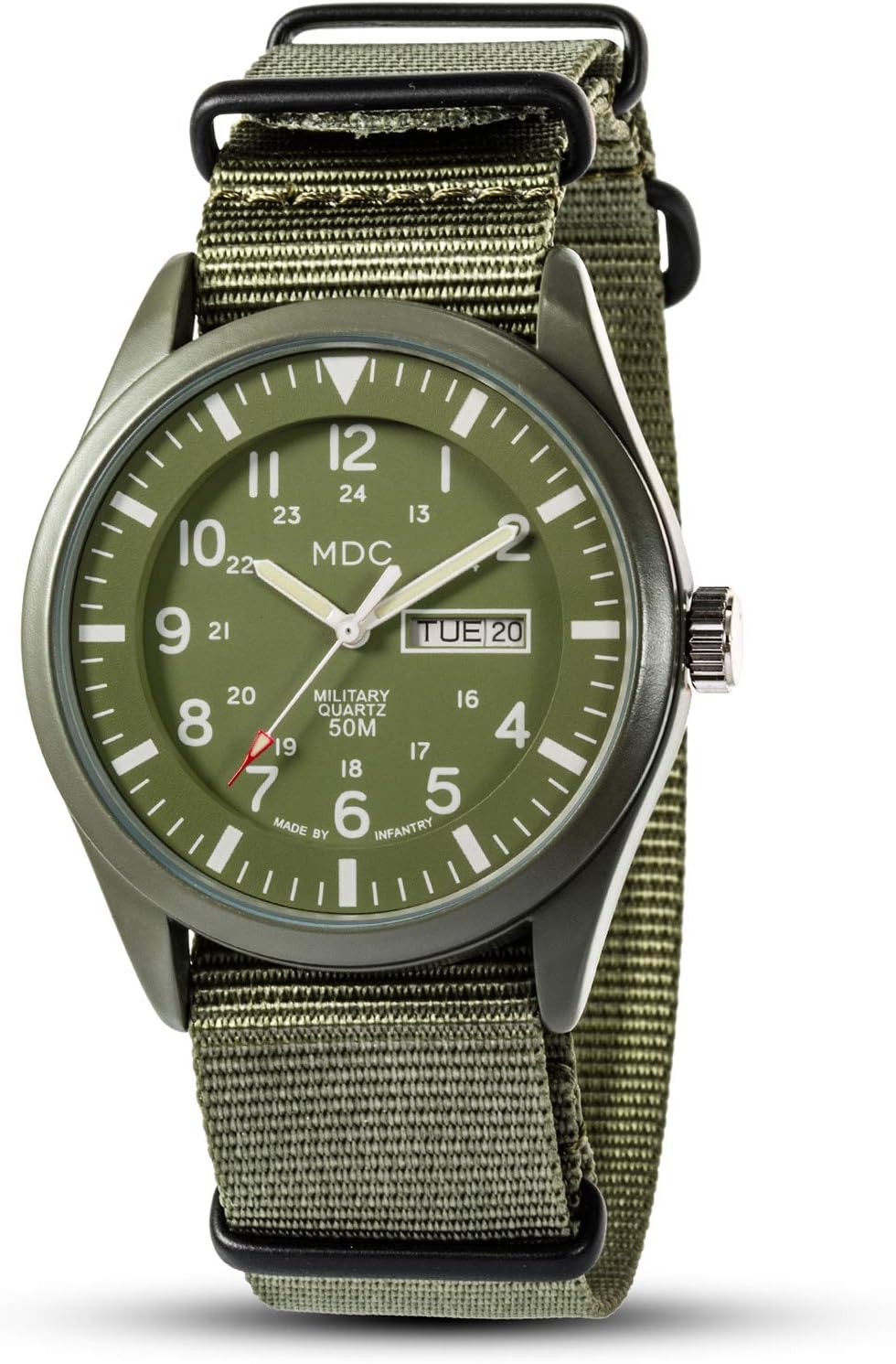 Infantry Mens Military Field Watch, Vietnam Style, 12/24H, Green Nylon Band