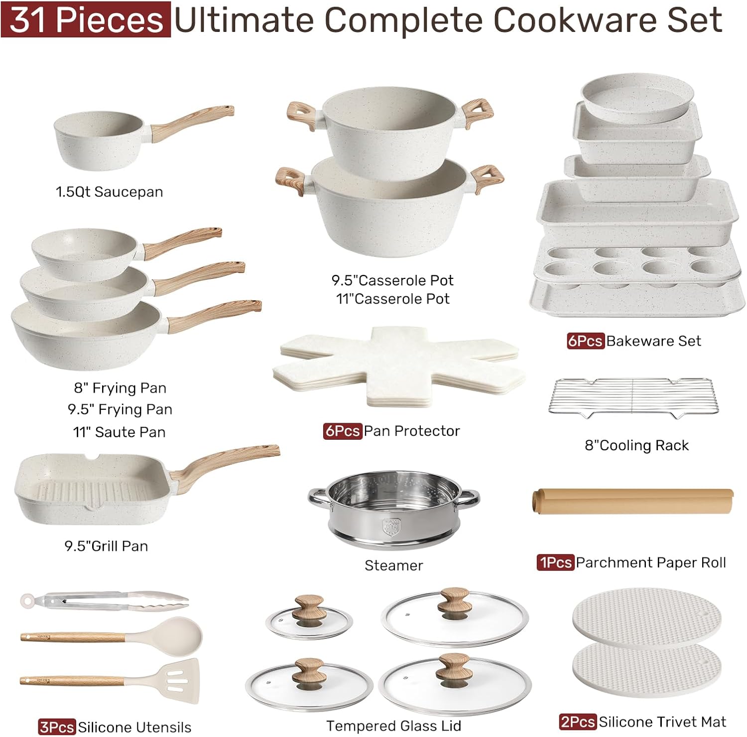 Kikcoin Pots and Pans Set Non Stick 31 Piece Kitchen Nonstick Cooking Cookware Sets with Grill Pan Saucepan Baking Sheet Utensil, Black