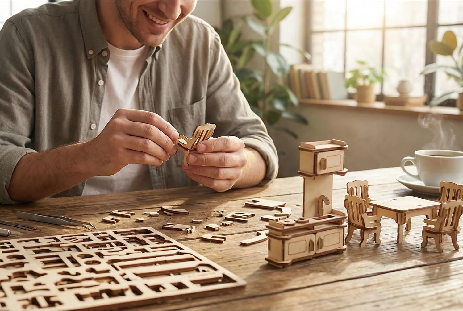 Dollhouse Furniture Set, 34 Wooden Miniatures and Accessories, 1:24 | Laser-cut DIY 3D puzzles, living, dining, kitchen, bath and bedroom pieces