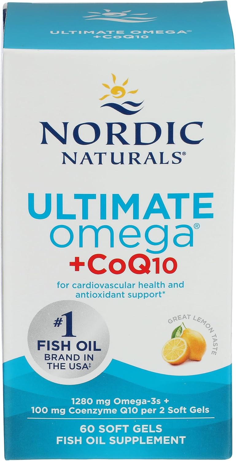 Nordic Naturals Ultimate Omega + CoQ10, Lemon - 60 Soft Gels - 1280 mg Omega-3 + 100 mg CoQ10 - Heart Health, Cellular Energy, Antioxidant Support - Non-GMO - 30 Servings
