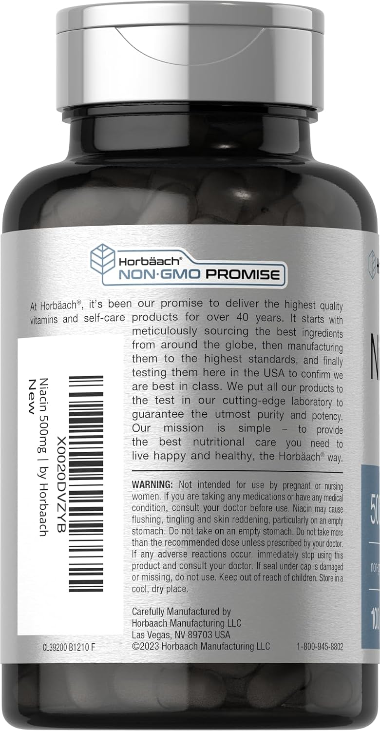 Horbäach Niacin | Vitamin B3 500mg | 100 Capsules | with Flushing | Non-GMO, and Gluten Free Supplement